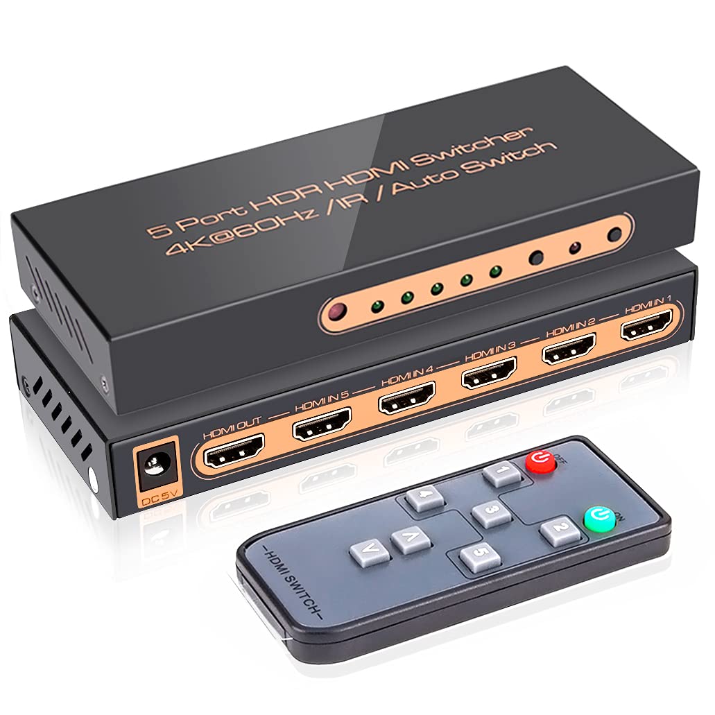 (Newest Version) Roofull 5 Port 4K Hdmi Switch 4K@60Hz 5 In 1 Out Hdmi Switcher Selector With Remote, Auto Switching Dolby Visio