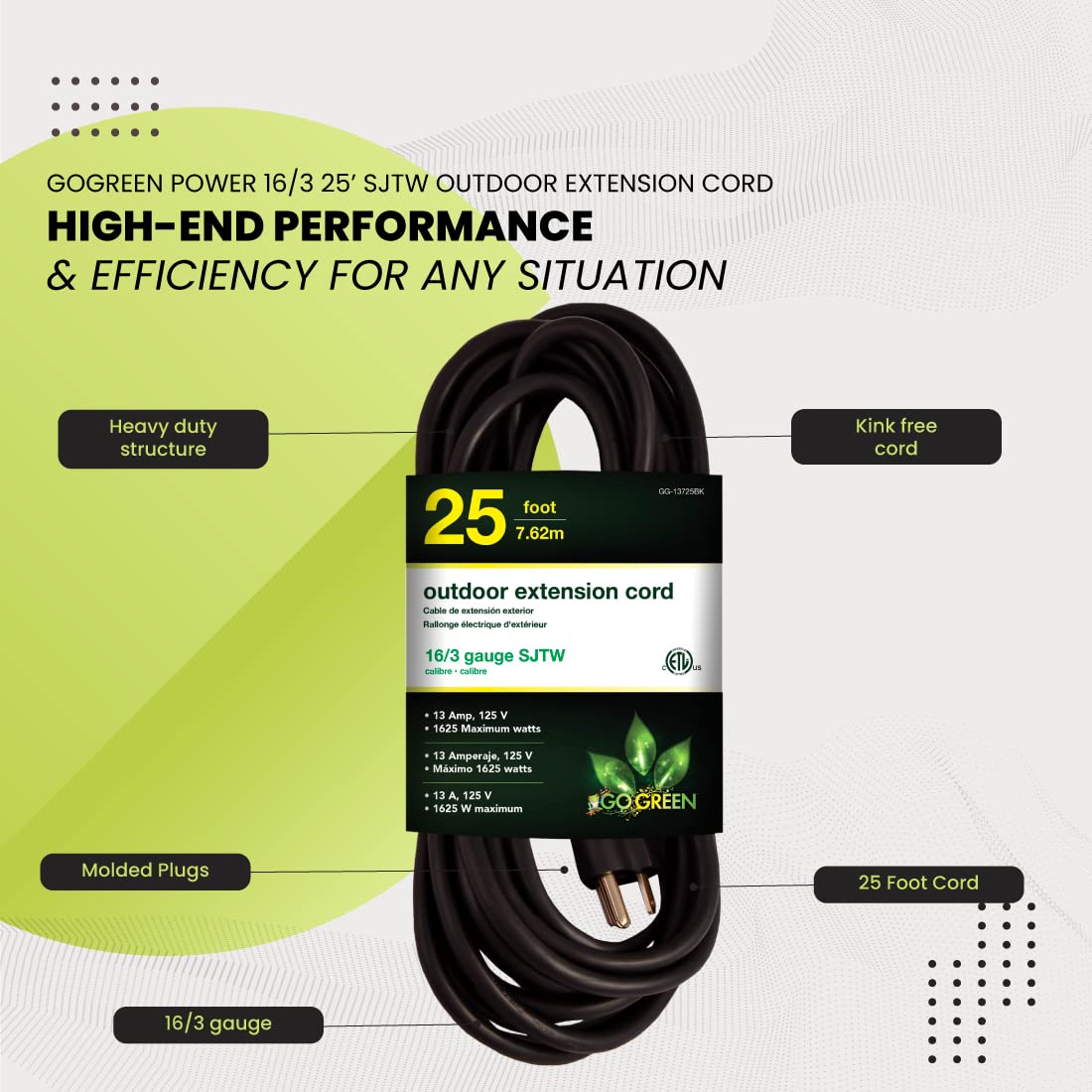 Go Green Power Inc. 16/3 25Ft Black Outdoor Extension Cord   Reliable, Heavy Duty   Ideal For Outdoor Tools & Equipment   Gg 137