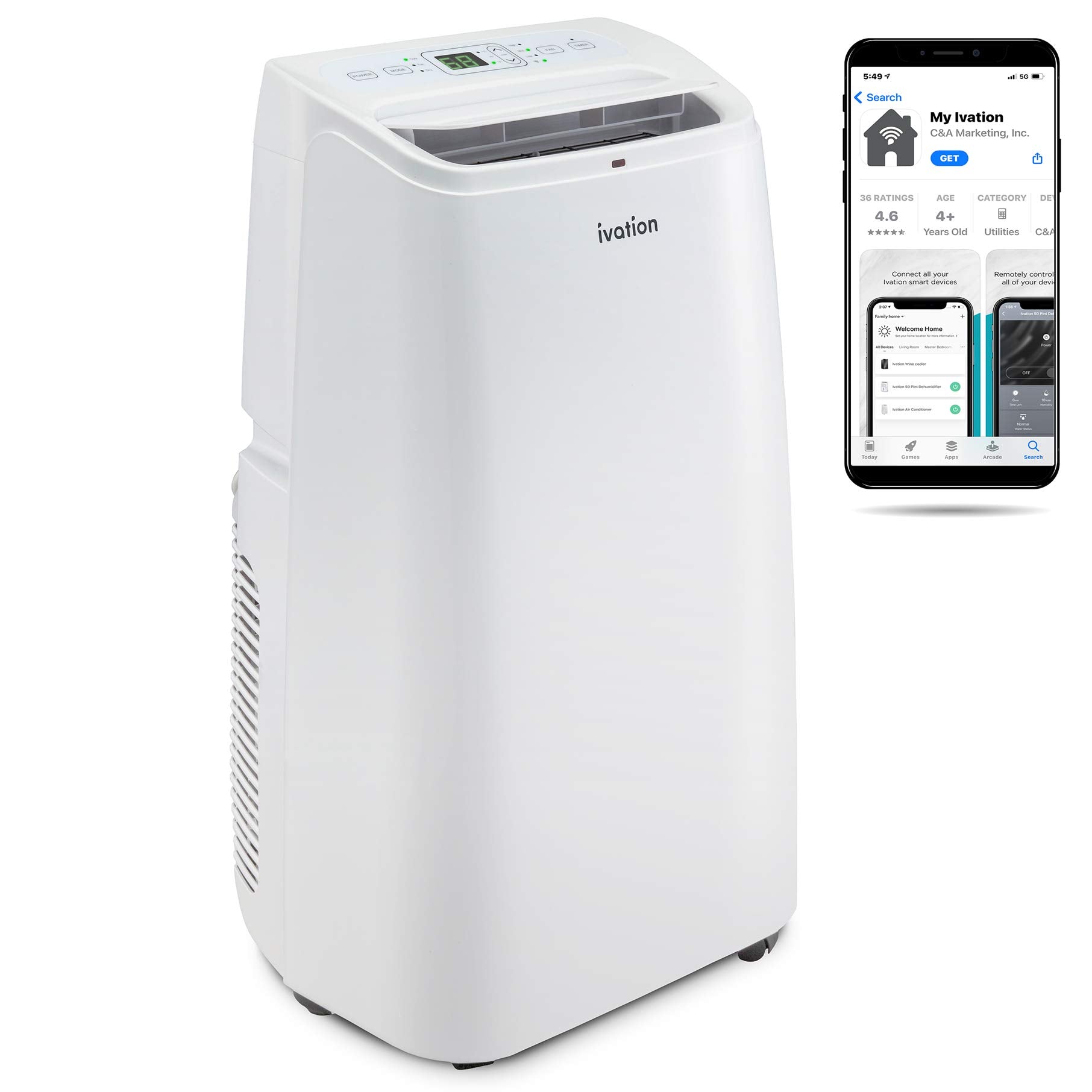 Ivation 12,000 Btu Portable Air Conditioner With Wi Fi For Rooms Up To 450 Sq Ft (8,000 Btu Sacc) 3 In 1 Smart App Control Cooling System, Dehumidifier And Fan With Remote, Exhaust Hose & Window Kit