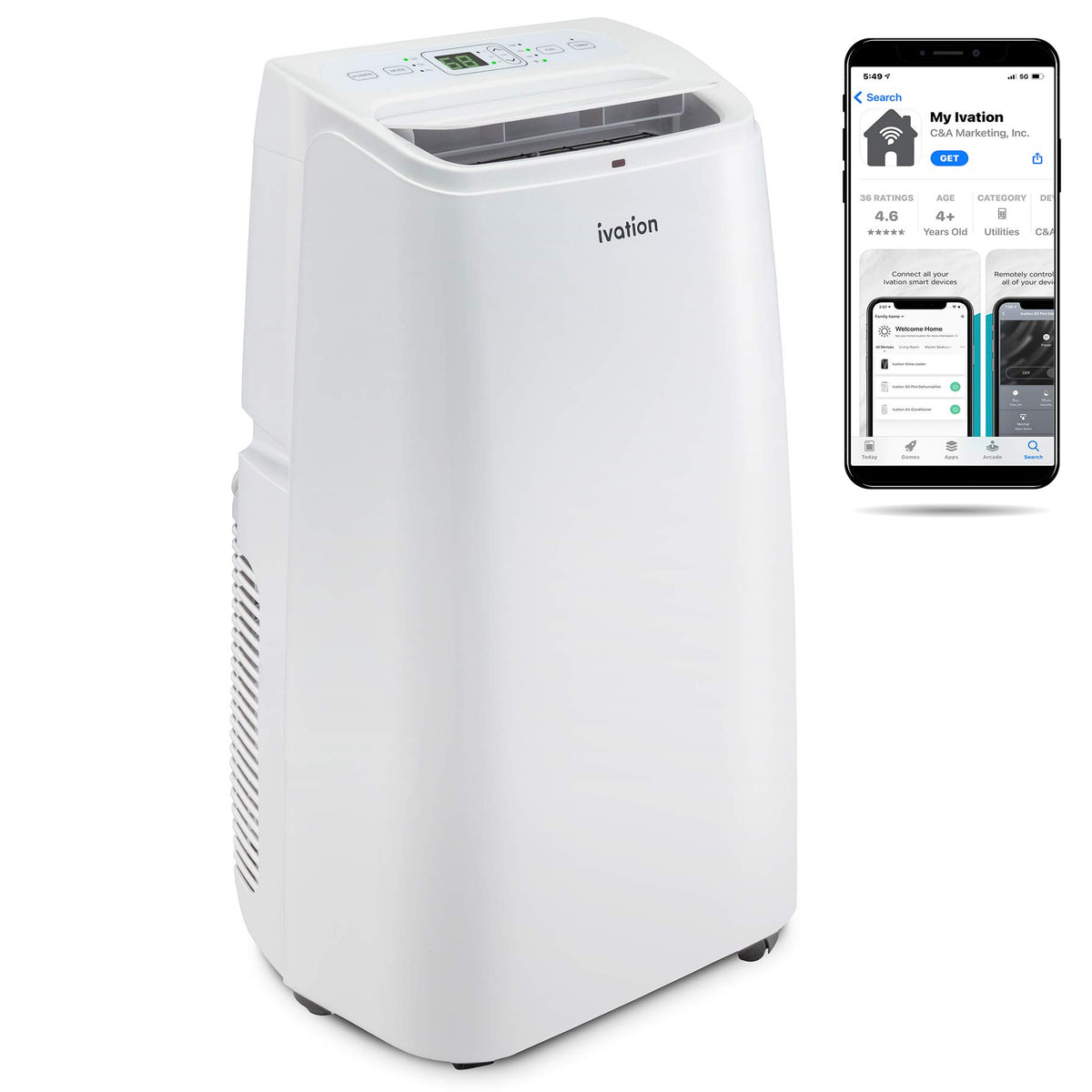 Ivation 13,000 Btu Portable Air Conditioner With Wi Fi For Rooms Up To 500 Sq Ft (8,500 Btu Sacc) 3 In 1 Smart App Control Cooli