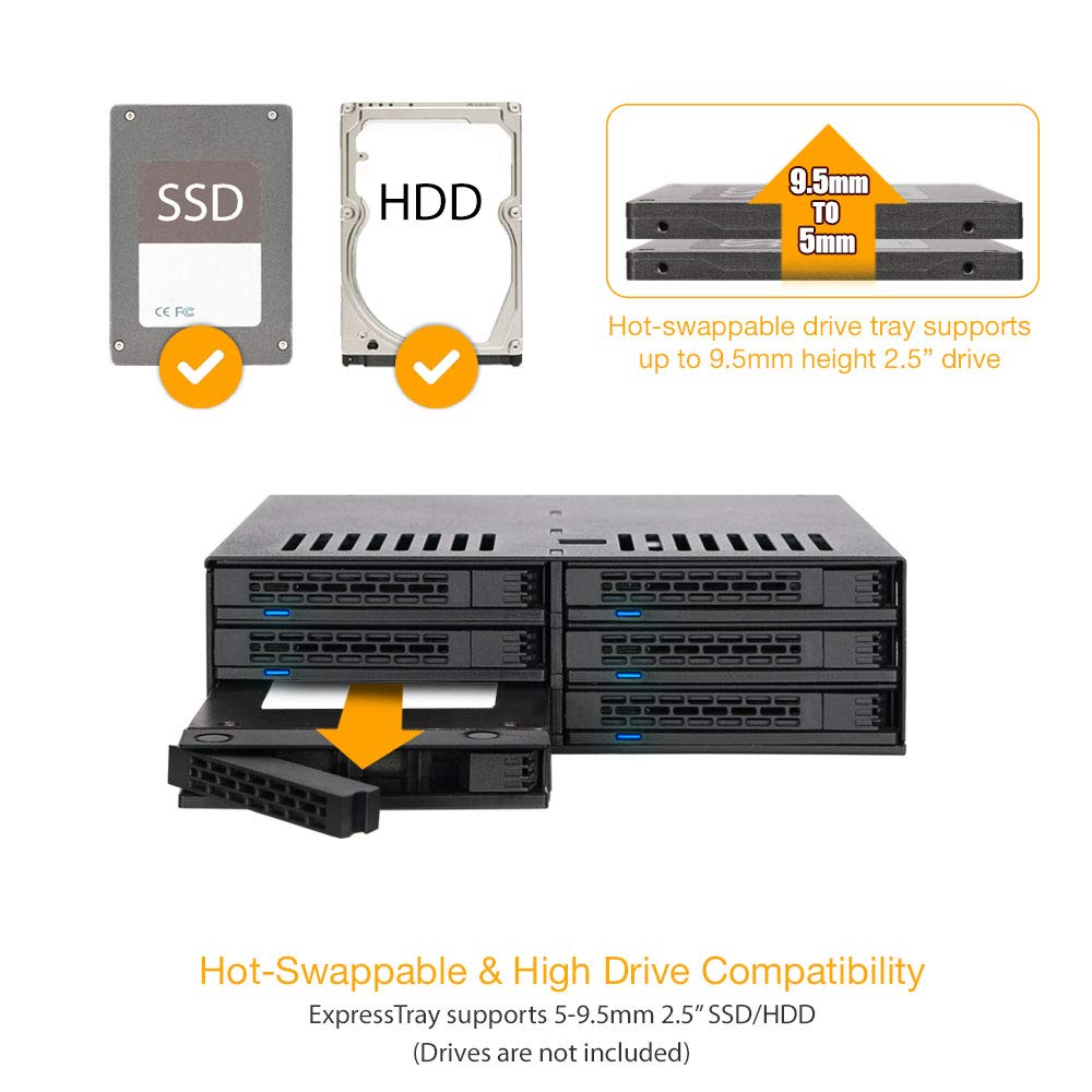 Icy Dock Tool Less 6 X 2.5 Sata Hdd/Ssd Hot Swap Mobile Rack/Cage In 1 X 5.25 Drive Bay   Expresscage Mb326Sp B