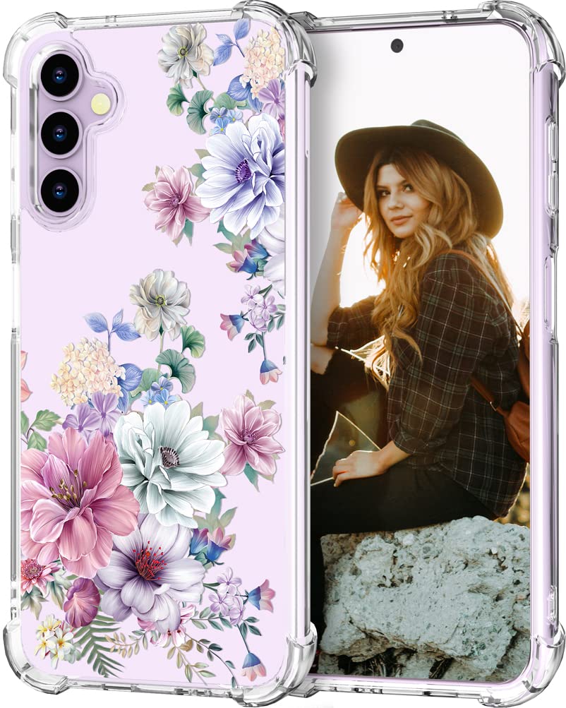 Hungo Samung Galaxy S23 Case Floral Flower Cute Clear With Design, Girly For Women Girls Floral Transparent Case Compatible With