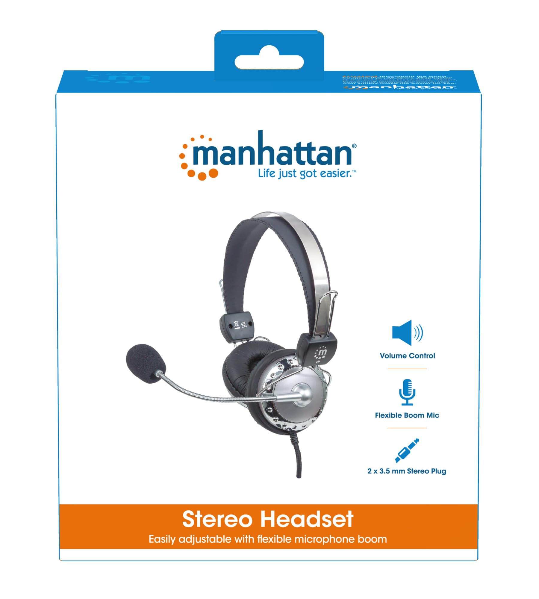 Manhattan Stereo Headset With Flexible Microphone, 8 Ft. Connecting Cable With Two 3.5 Mm Plugs For Audio & Microphone, Volume C