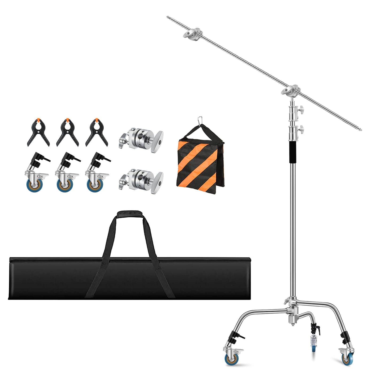 Heavy Duty C Stand 11.3Ft/345Cm Light Stand With 4.2Ft/128Cm Boom Arm Wheels Sturdy Stainless Steel Century Stand For Photograph