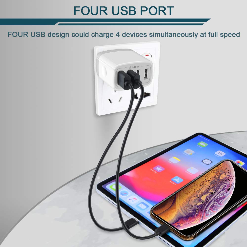 Usb Charger Cube, Wall Charger Plug, Ailkin 4.8A 4 Muti Port Usb Adapter Power Plug Charging Station Box Base Replacement For Ip