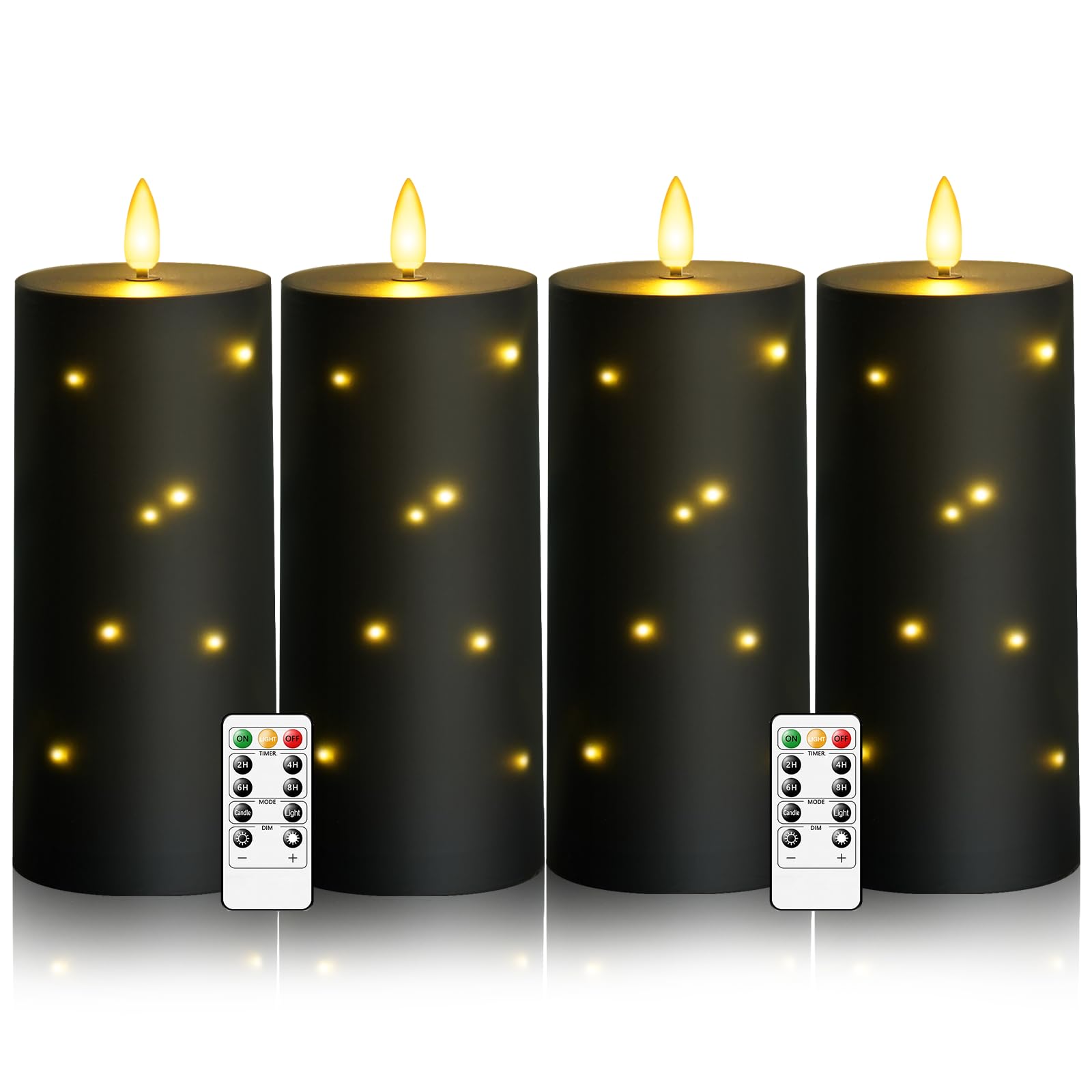 kakoya 10 x 4 Large Outdoor Waterproof Flickering Flameless Candles with Timer,4Pcs Battery Operated LED Pillar Candles with Emb