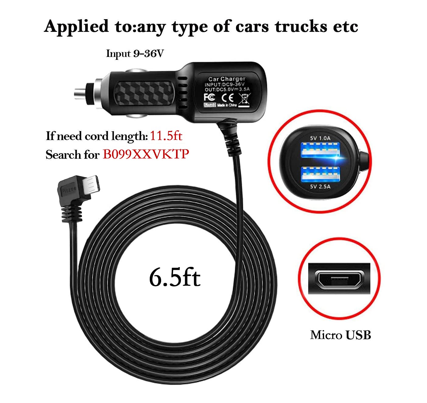 Dash Cam Charger 2024 Upgraded Micro Usb Car Charger With Dual Usb Port Compatible With Apeman, Rexing, Byakov, Akaso, Crosstour