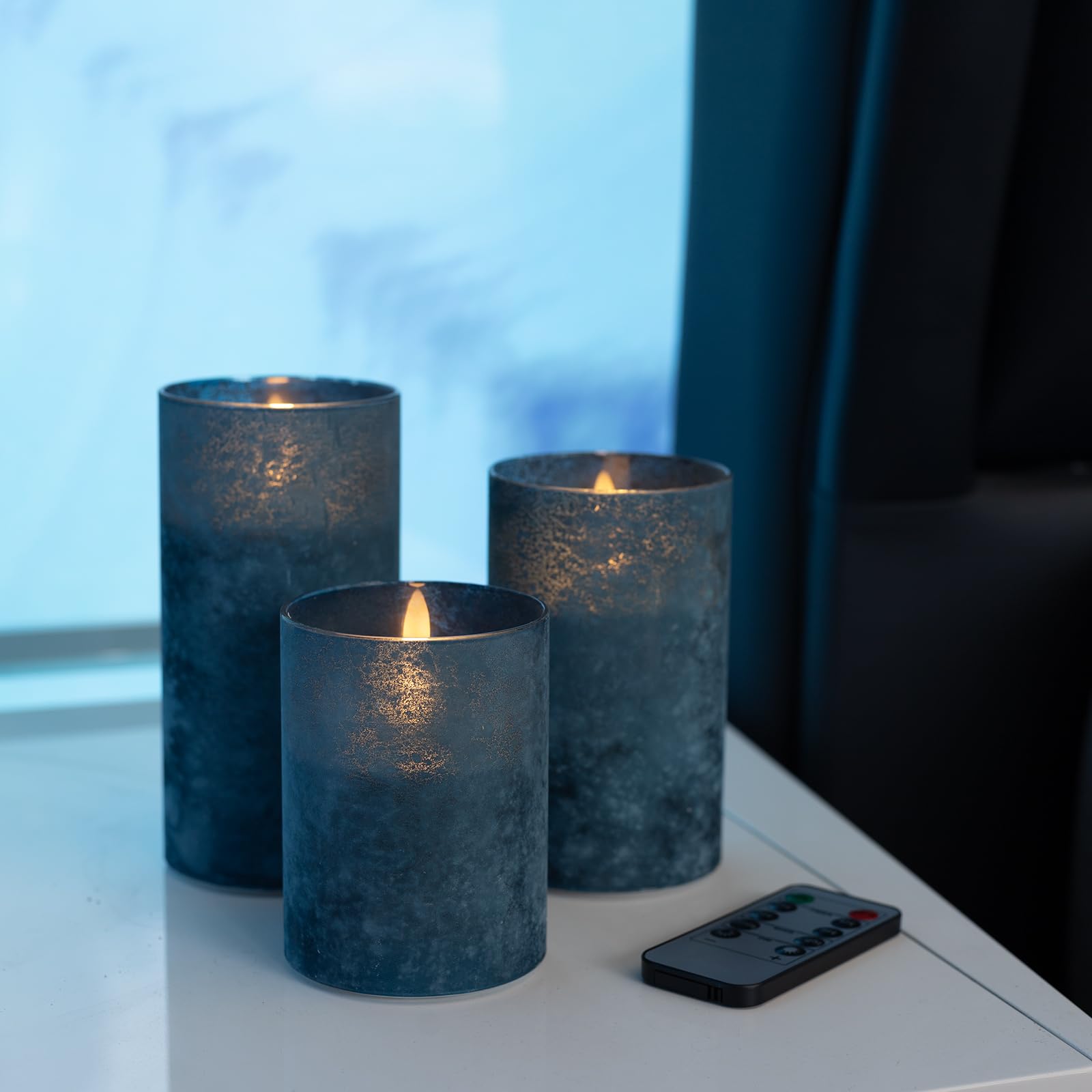 Angelloong Blue Flameless Candles With Remote, Flickering Led Candles With Timer, Electric Pillar Candles For Bathroom Kitchen R