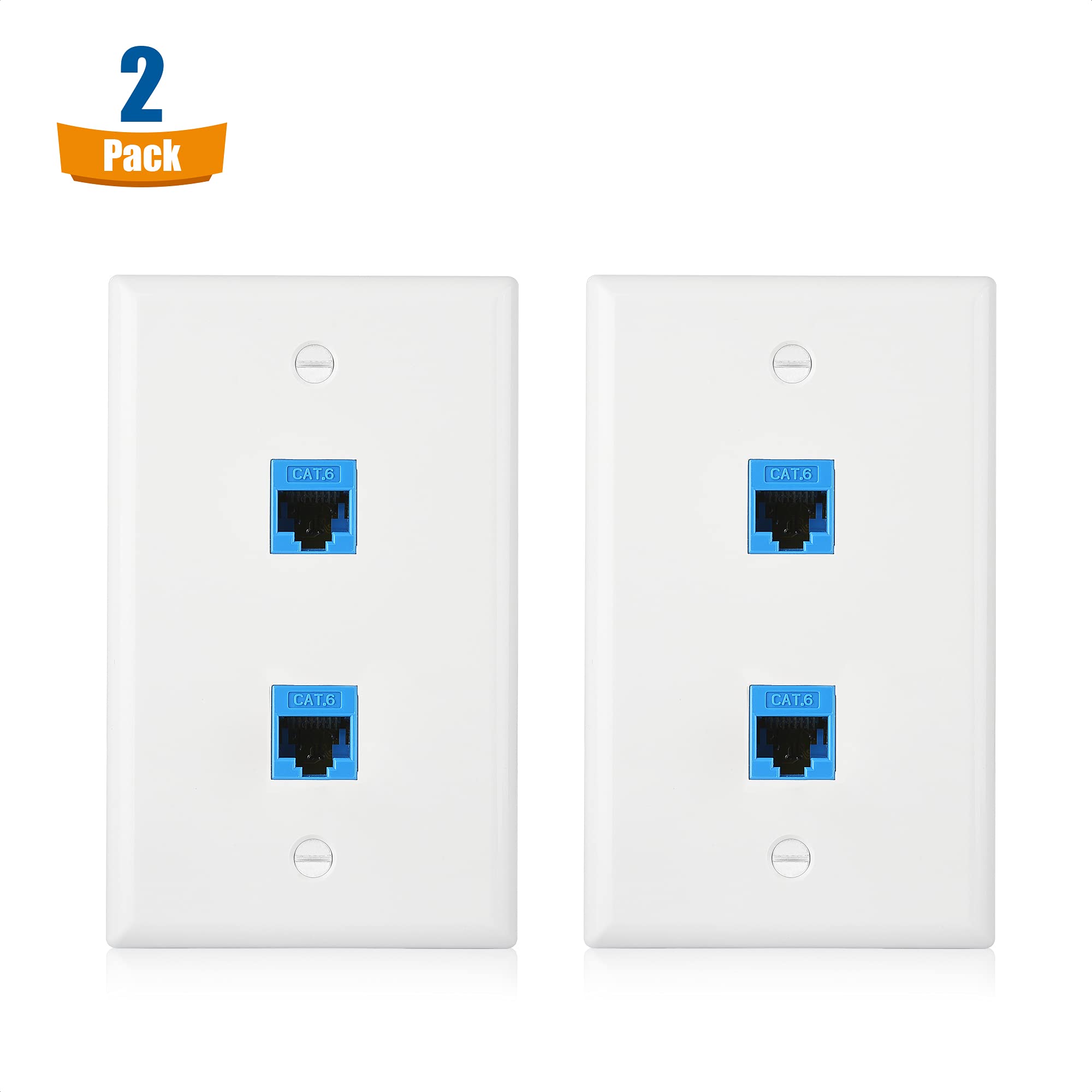 Cable Matters 2 Pack 2 Port Ethernet Wall Plate, Cat6 Wall Plate / Cat5 Ethernet Wall Outlet In White With Blue Ethernet Keyston