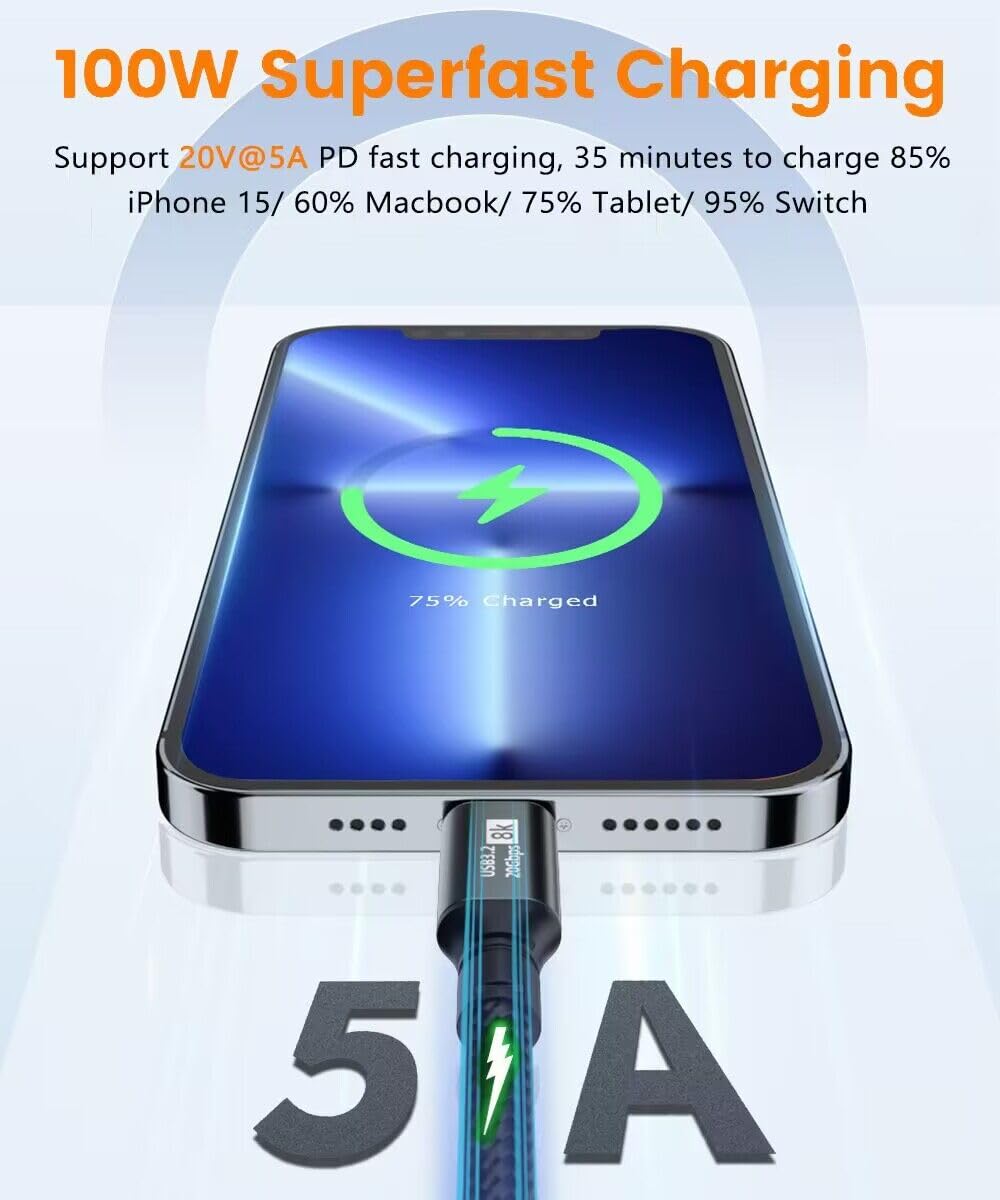 Akwor New Usb C To Usb C Monitor Cable?8K@60Hz, 100W, 20Gbps? Usb C 3.2 Display Cable Thunderbolt 3/4 Compatible, Usb C Charger Cable For Iphone 15/16 Series, Macbook, Ipad Pro/Air And More 3.3Ft