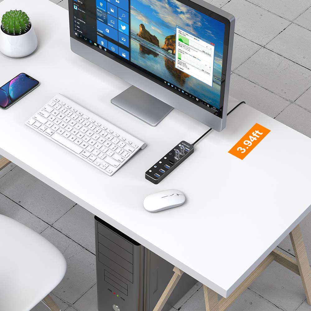 Usb Hub, Vkusra 7 Port Usb Hub 3.0 With 4Ft Usb Long Cable, And Aluminum Usb 3.0 Hub With Individual On/Off Switch And Led Indicator, Usb Splitter For Laptop & Pc, Power Adapter Not Included