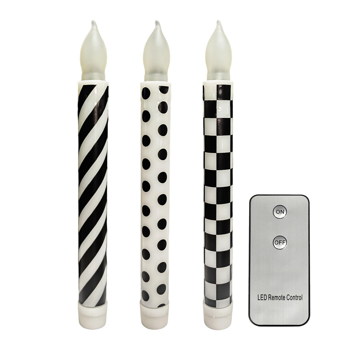 ONEIHOMM 3Pcs 8.3inch Christmas Checked Black and White Taper Candles Battery Operated Pillar Flameless Candle for Buffalo Plaid