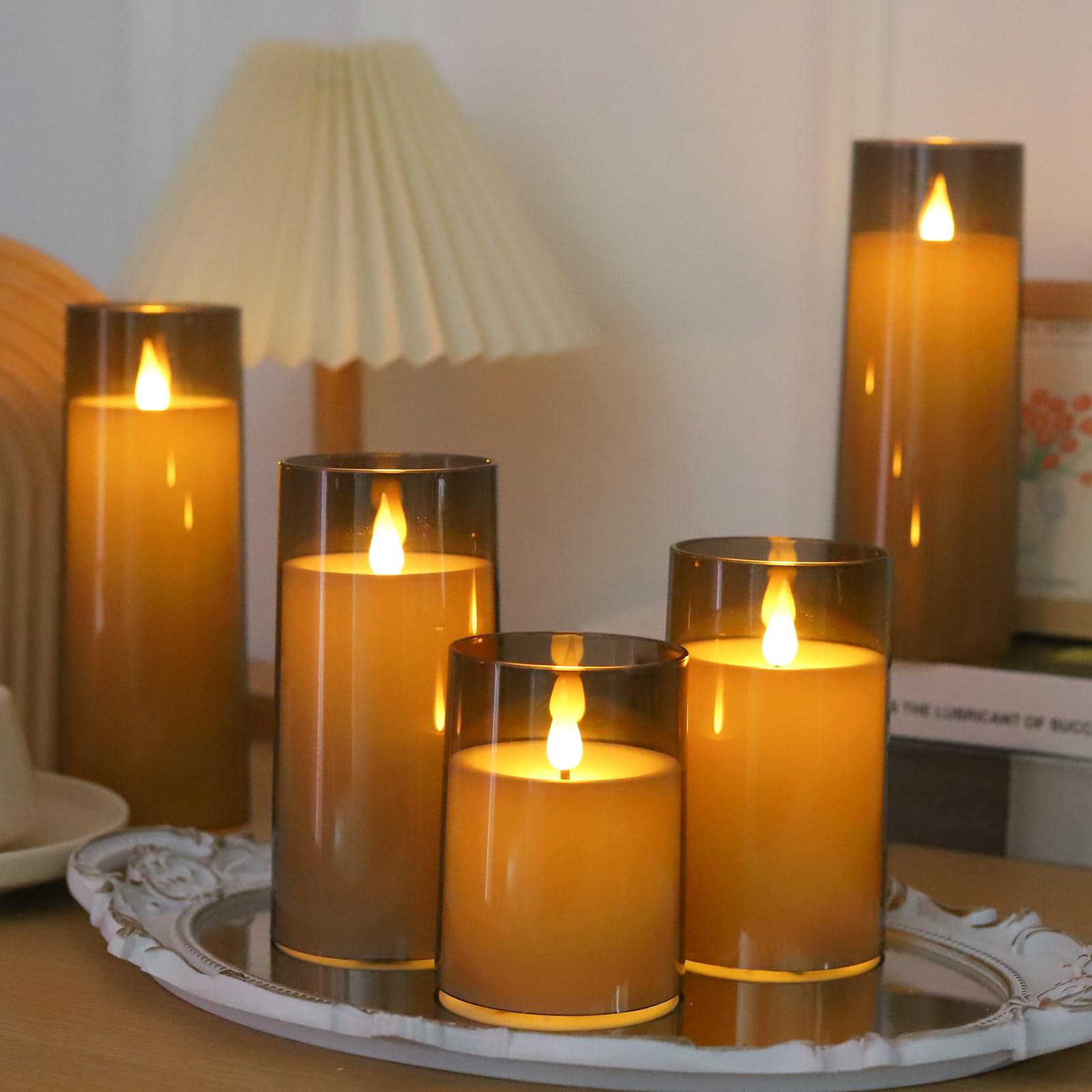 Fo32Won Grey Led Flameless Pillar Candles Battery Operated With Remote And Timer, Set Of 5 (D 3''?H 4'' 5'' 6'' 8'' 8'') Plexigl