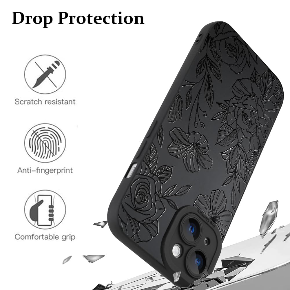 Lsl Case For Iphone 15 Black Floral Flower Pattern Print Case Soft Tpu Full Camera Lens Anti Drop Anti Scratch Shockproof Protec