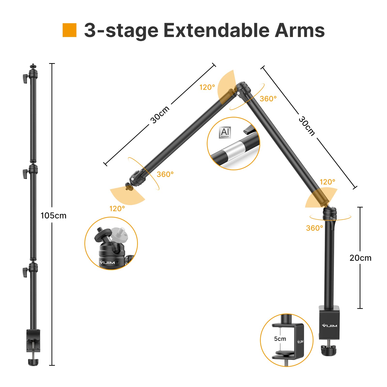 Vijim Ls08 Flexible Overhead Camera Mount Desk Stand, Webcam Stand Microphone Boom Arm Tabletop Photography Videography Live Stream Table Clamp Mount