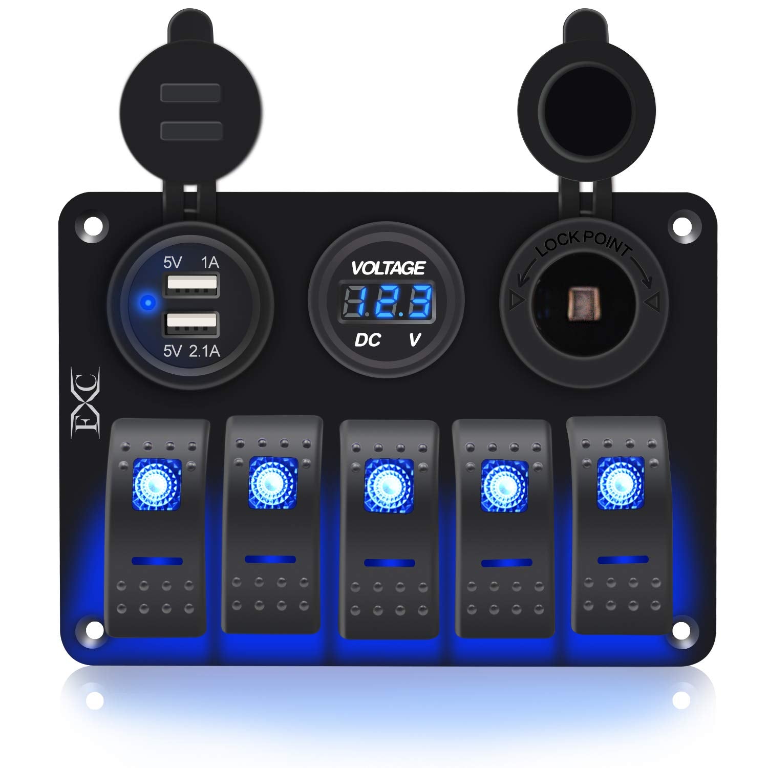 Fxc Waterproof Marine Boat Rocker Switch Aluminum Panel 5 Gang With Dual Usb Slot Socket 3.1A + Volt Meter Blue Led Light For Ca
