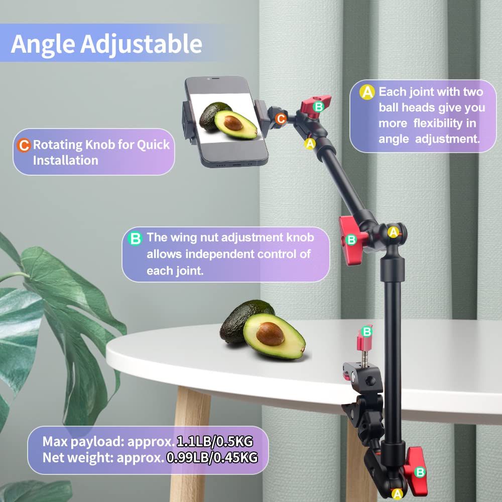 Magic Arm Camera Mount Super Clamp, 22Inch Mic Boom Arm Camera Clamp Mount With Phone Holder And 3/8'' 5/8'' Screw Adapters, Art