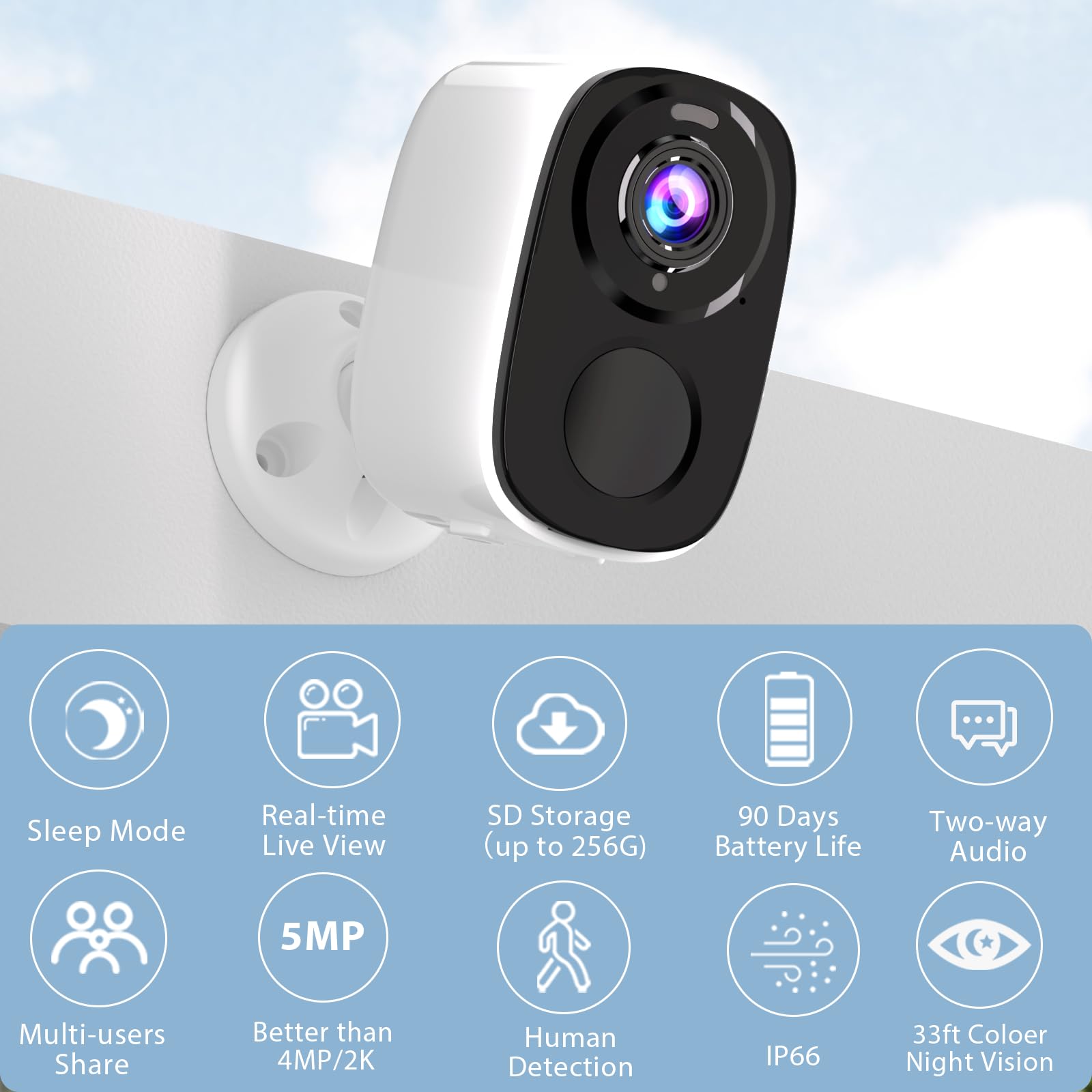 Rraycom 5Mp Outdoor Camera Wireless,2560X1920P Battery Powered Wifi Surveillance Camera For Home Security System With Siren Alarm, Ai Motion Detection,Color Night Vision,Ip66 Waterproof Cloud/Sd