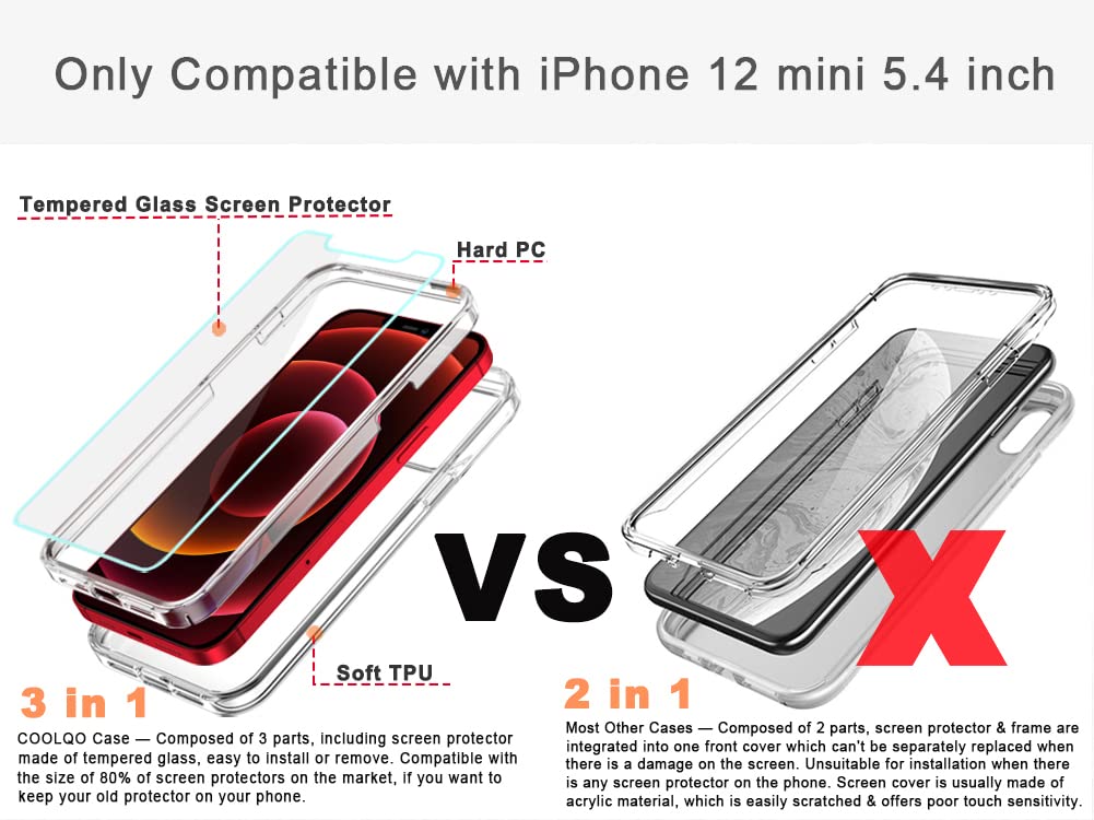 Coolqo Compatible For Iphone 12 Mini Case With Tempered Glass Screen Protector, Hard Pc And Soft Tpu, Military Grade Protection,