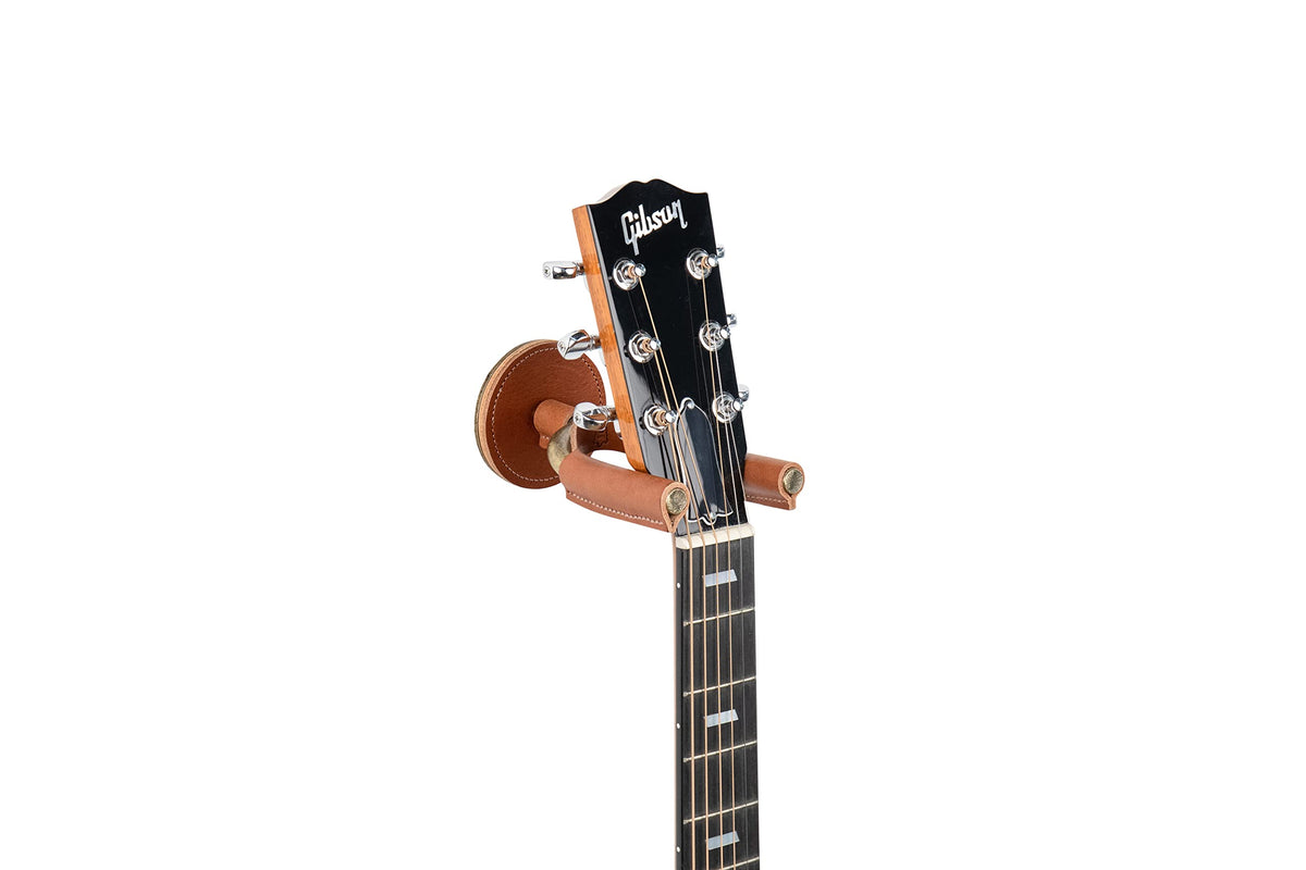 Levy'S Leathers Forged Steel Guitar Hanger; Brass Metal With Tan Veg Tan Leather Yoke Wraps (Lvy Fghngr Brtn), Medium