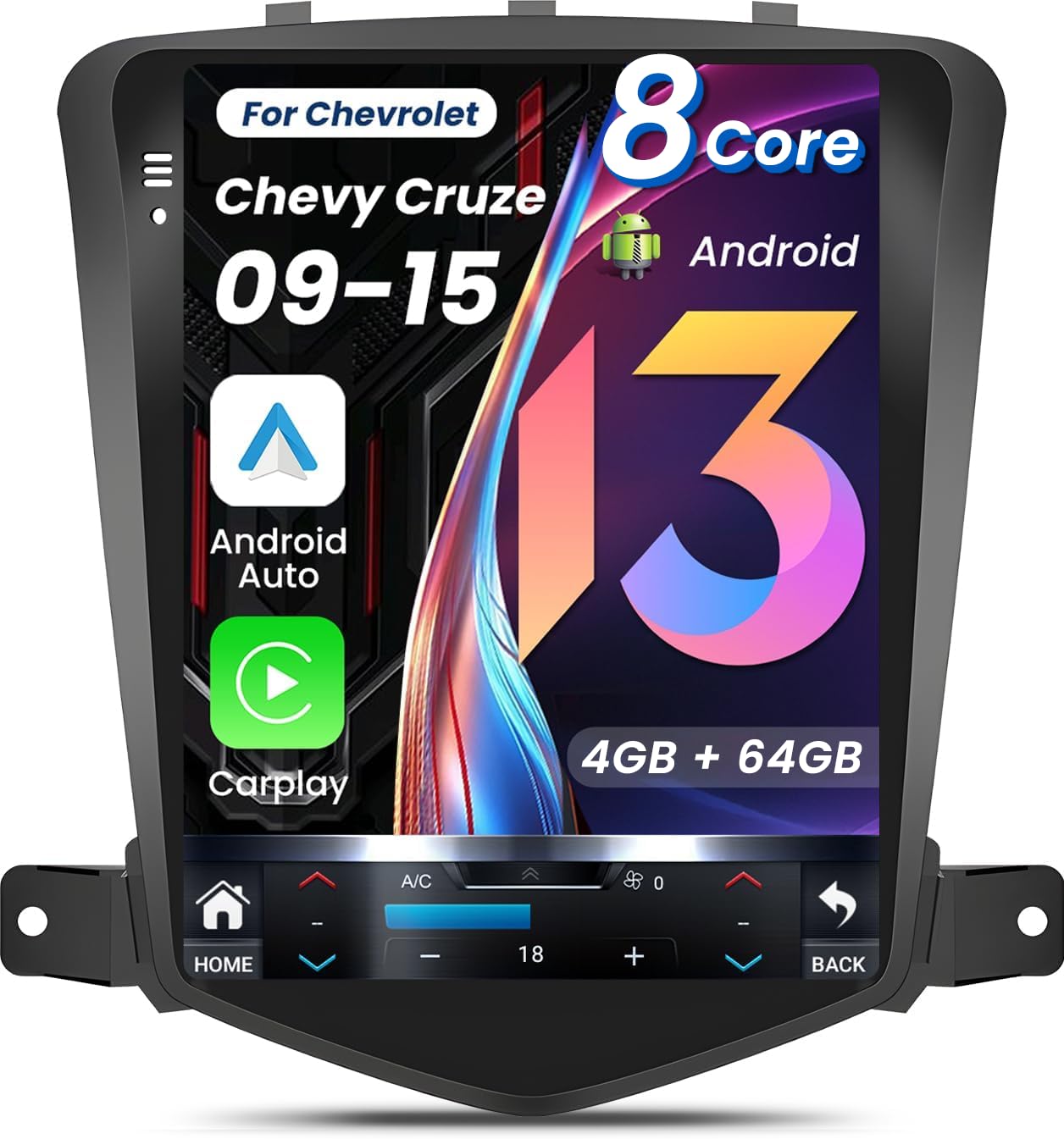 8Core 4GRAM 64ROM 5G WiFi Car Radio for Chevrolet Chevy Cruze 2009-2015 10.4inch Octa core Tesla Style Stereo IPS Touch Screen Wireless CarPlay Andriod Auto GPS FM SWC Camera Online upgrade OTA system -Like New