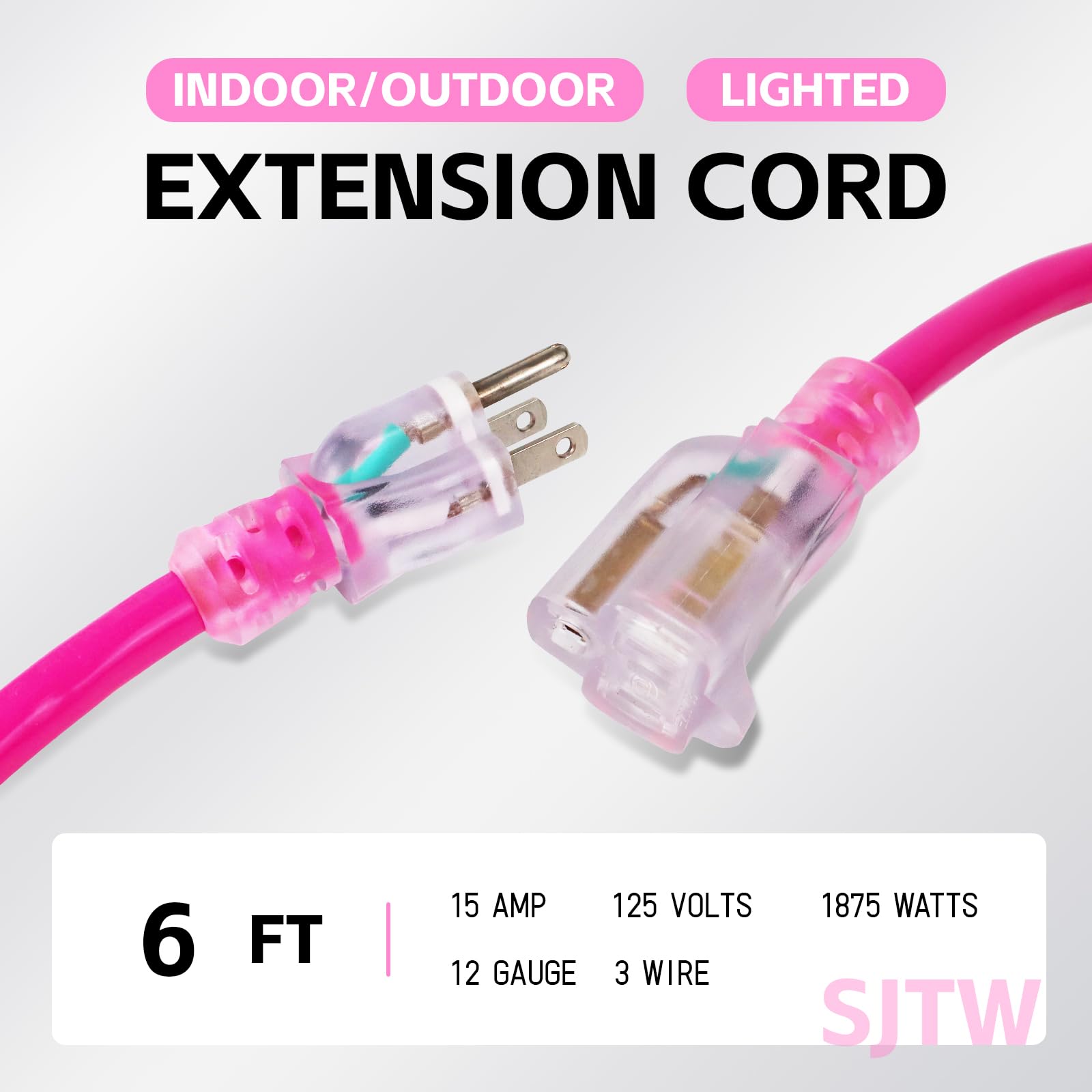Ep 6 Ft Outdoor Extension Cord With Lighted End, 12/3 Gauge Sjtw Heavy Duty Extension Cable With 3 Prong Grounded Plug, 15Amp 18