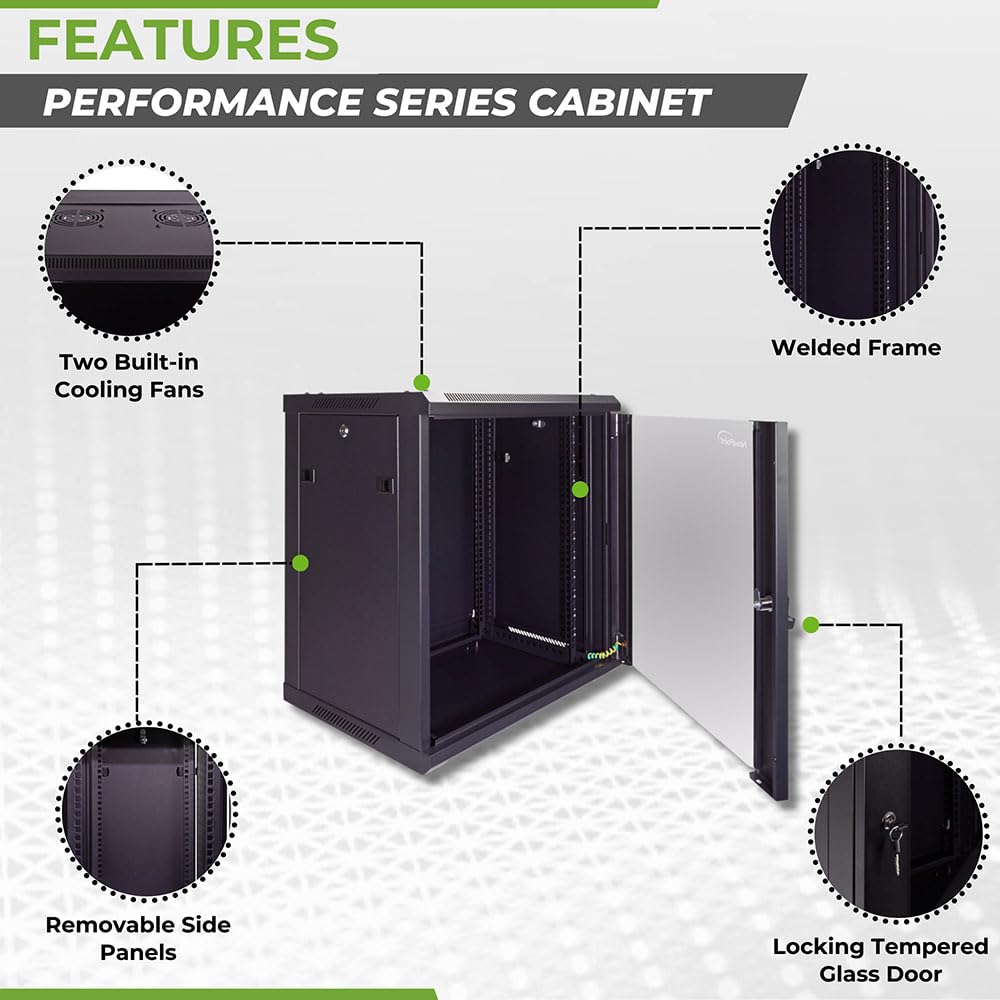 Navepoint 12U Server Cabinet Wall Mount Rack Enclosure Includes 2 Fans, Locking Glass Door, Removable Side Panels   12U Network