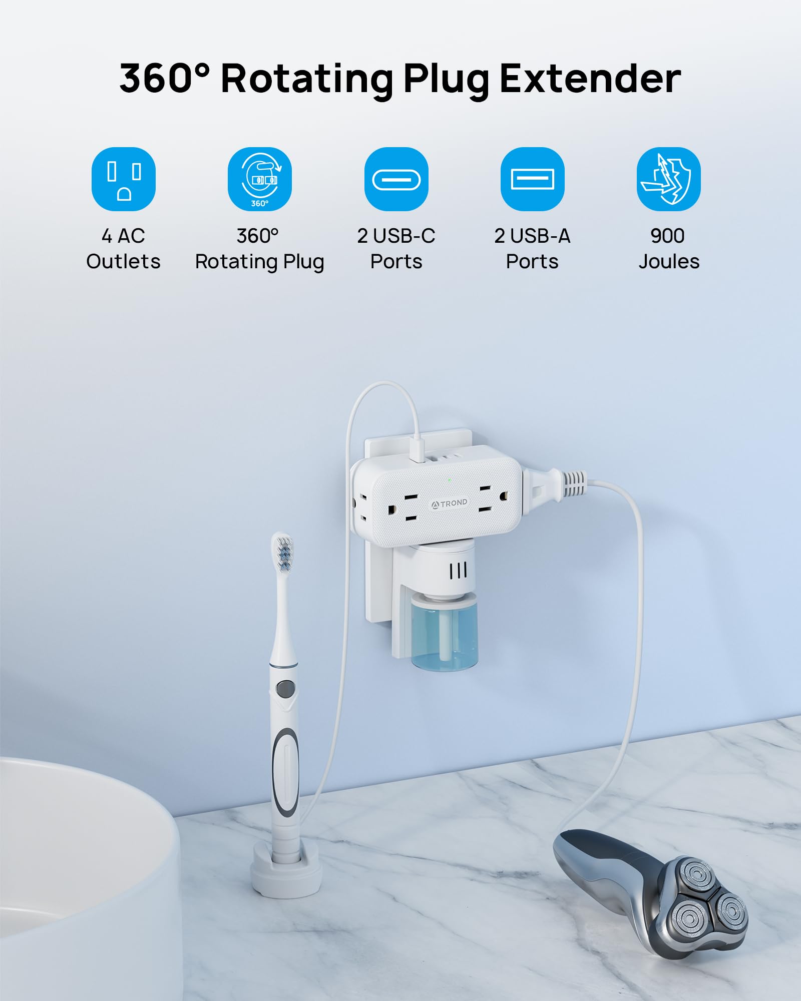 Trond Outlet Extender With 360 Rotating Plug, Plug Adapter With 4 Electrical Sockets And 4 Usb Ports, 900 Joules Surge Protectio
