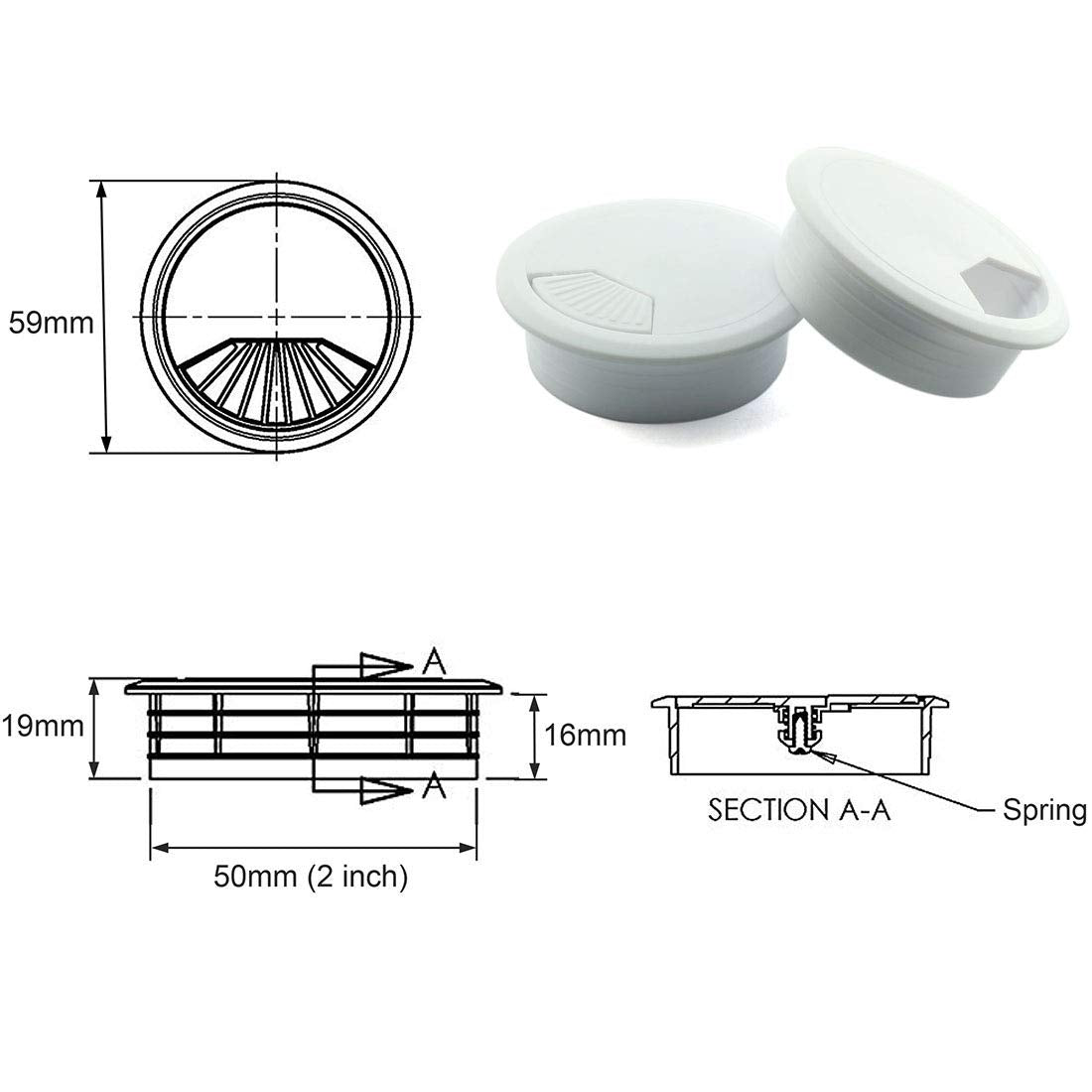 Hj Garden 2Pcs 2Inch Desk Wire Cord Cable Grommets Hole Cover For Office Pc Desk Cable Cord Organizer Plastic Cover White