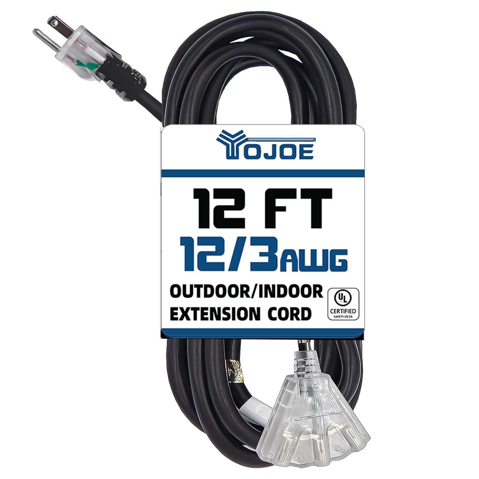 Yojoe 3 Outlets Indoor Outdoor Extension Cord With Lighted End, 3 Prong 15A Weatherproof Power Cord, 12 Gauge Heavy Duty 12 Ft B