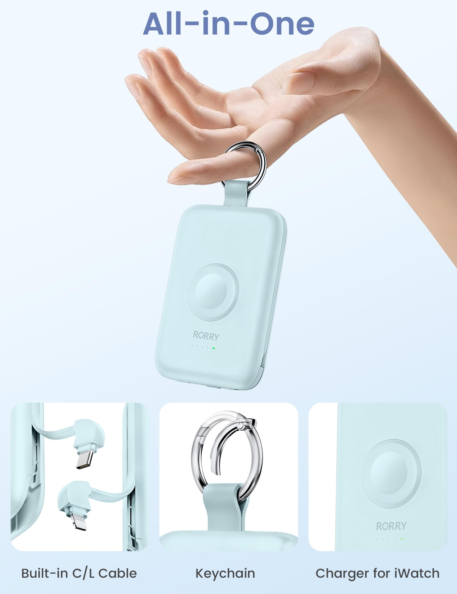 Rorry Portable Charger, 10000Mah Pd 20W Fast Charging Portable Charger Power Bank With Built In Cables, Travel Battery Pack For