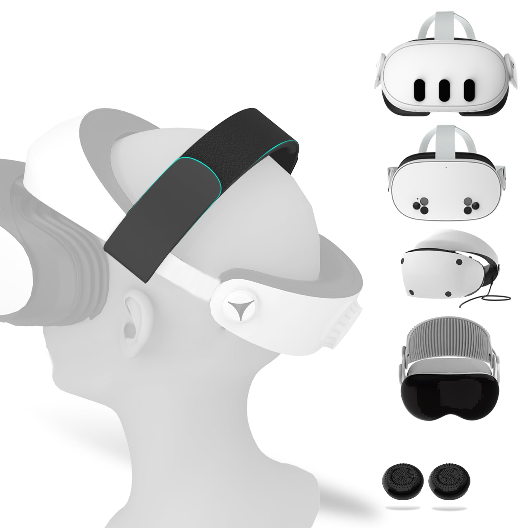 Adjustable PU Comfort Strap & Thumbstick Covers Compatible with PS VR 2/Vision Pro/Quest 3 Lightweight, Pressure-Relieving Headb