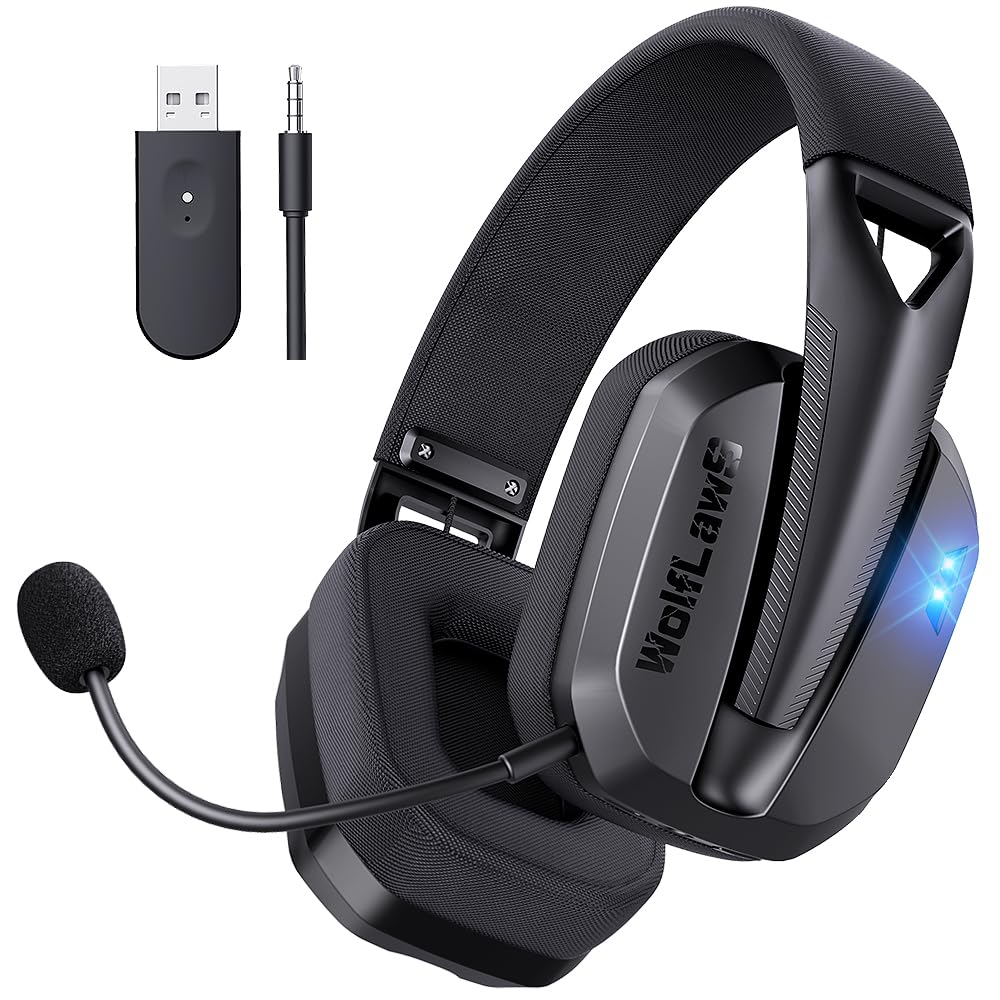 Wireless Gaming Headset for PS5, PS4, PC, Mac, Switch, Bluetooth Over-Ear Headphones with Detachable and Built-in Mics, Low Late
