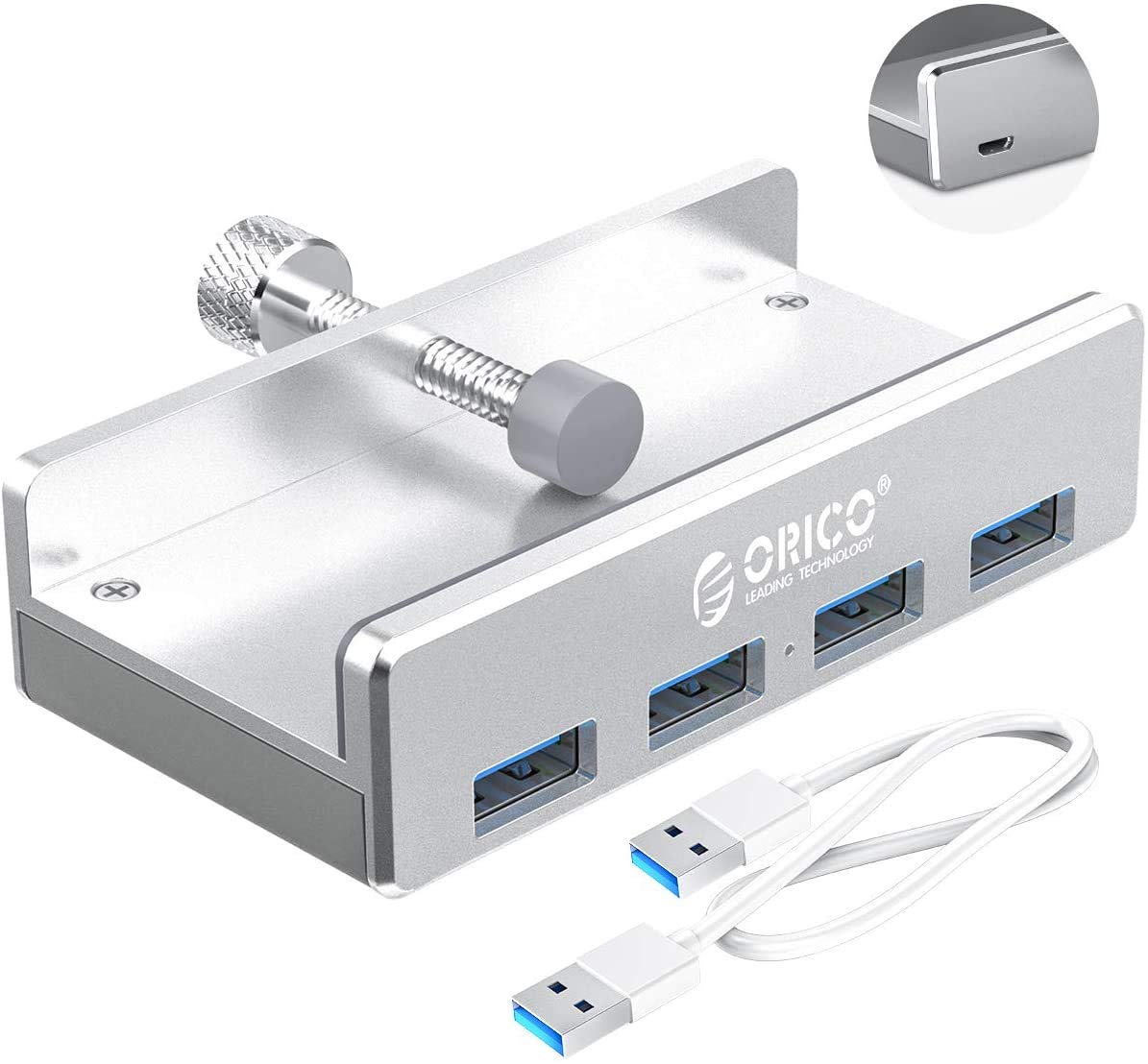 ORICO USB 3.0 Hub Clamp Adapter, Aluminum 4 Port USB Splitter with Extra Power Supply Port and 4.92 FT USB Data Cable, Ultra Portable USB Expander for 2021 iMac/Laptop/PC