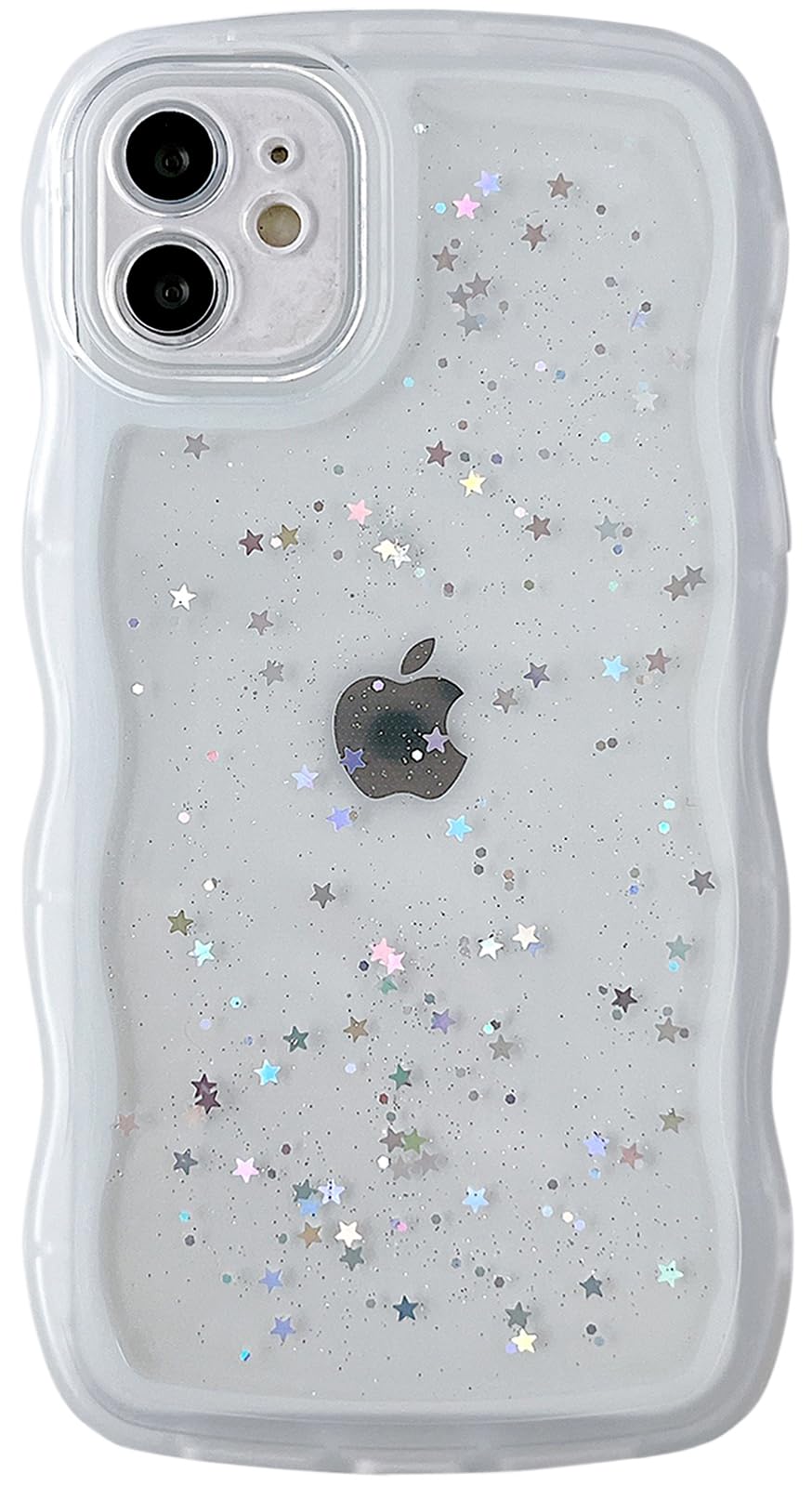 Qokey For Iphone 12 Mini Case 5.4'' Curly Wave Edge Design Transparent Bling Glitter Star Shiny Case Cute Clear Transparent Full