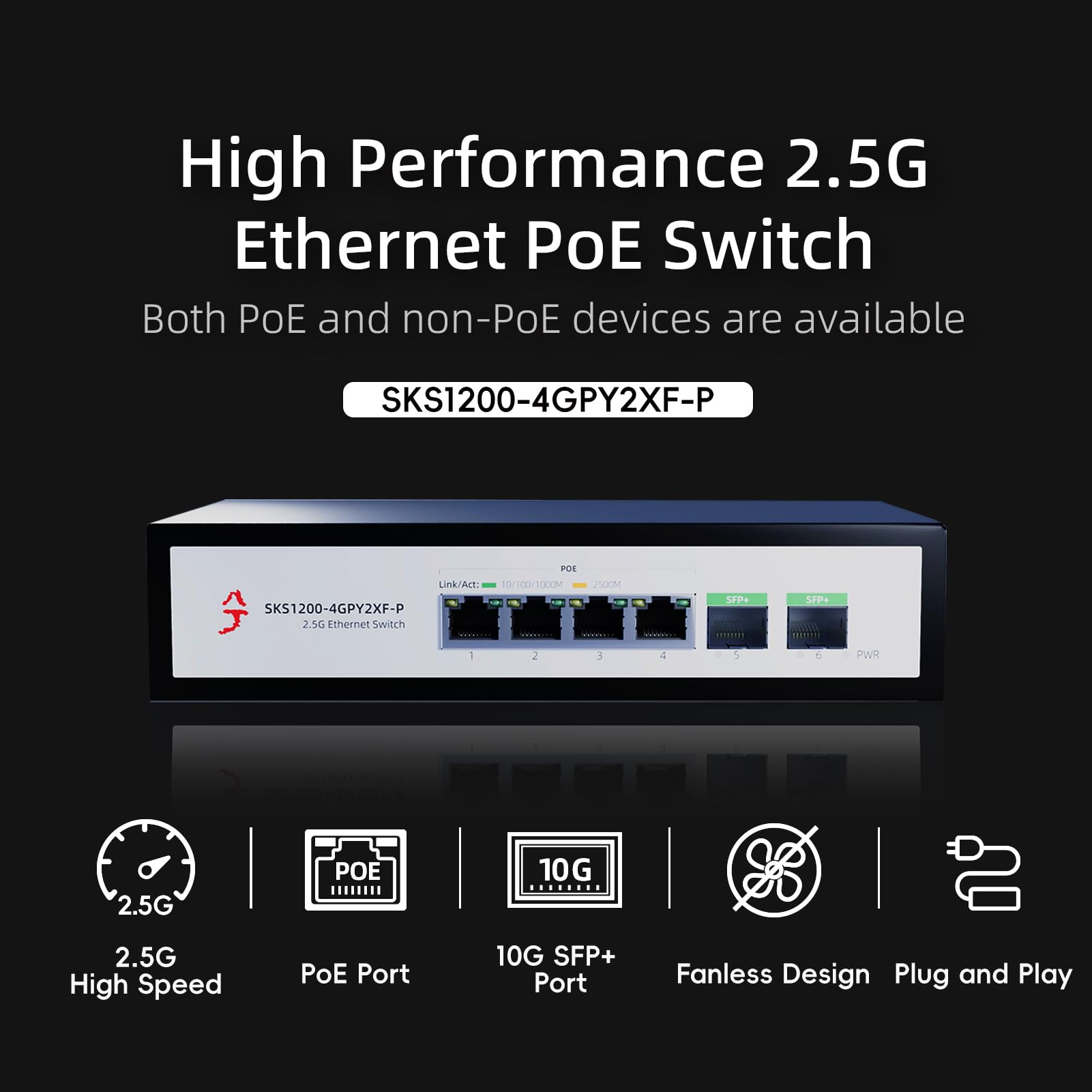 Xikestor 6 Port 2.5G Ethernet Poe+ Switch, 4X 2.5Gbase T Poe+ Ports, 2X 10Gbps Sfp+, 75W Ieee802.3Af/At Unmanaged 2.5Gb Poe Netw