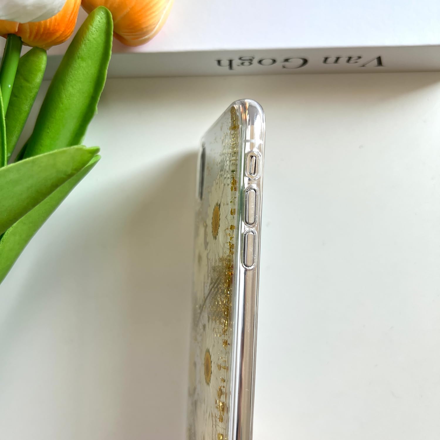 Lseeka For Iphone X/Iphone Xs Clear Case With Pressed Real Flowers Design,Glitter Cute White Floral Pattern Slim Soft Tpu Protec