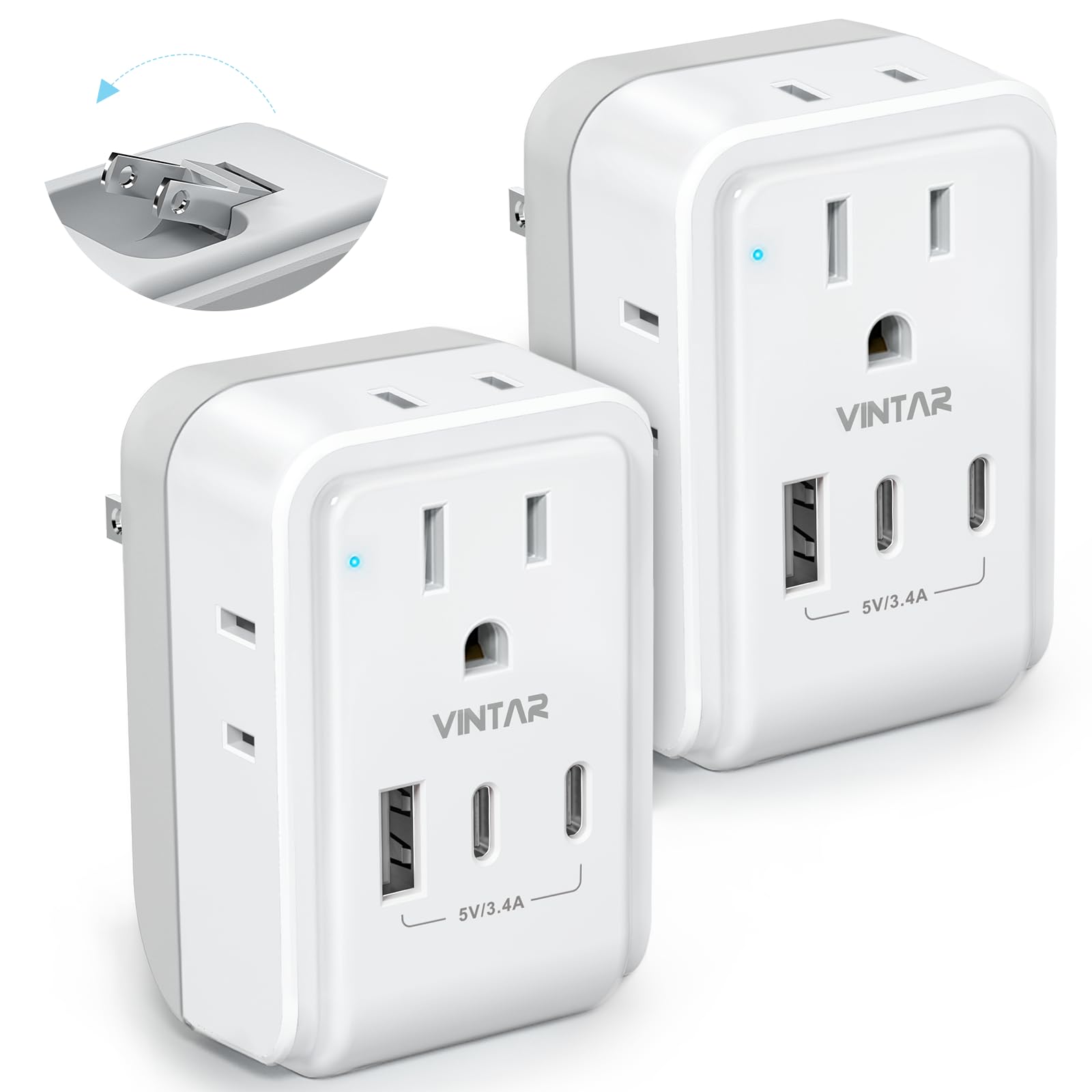 2 Pack Us To Japan Plug Adapter, Vintar Foldable Japan Power Adapter With 4 Outlets And 3 Usb Ports(2 Usb C), 2 Prong To 3 Prong