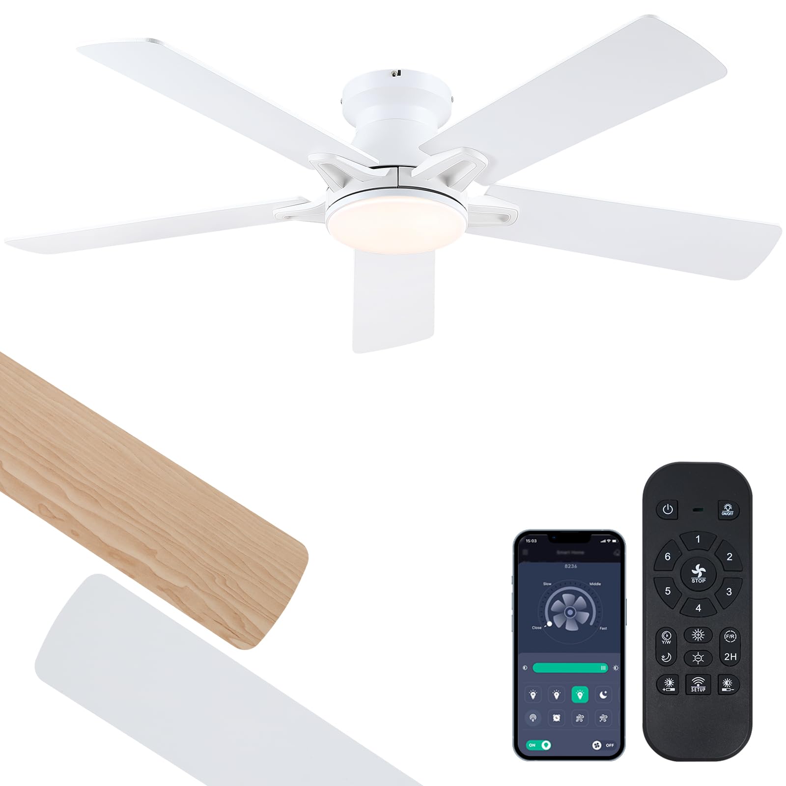 Chesur White Ceiling Fan With Lights   52'' Flush Mount Ceiling Fan With Remote And Dimmable Led Light, 5 Dual Sided Blades, 3Cc