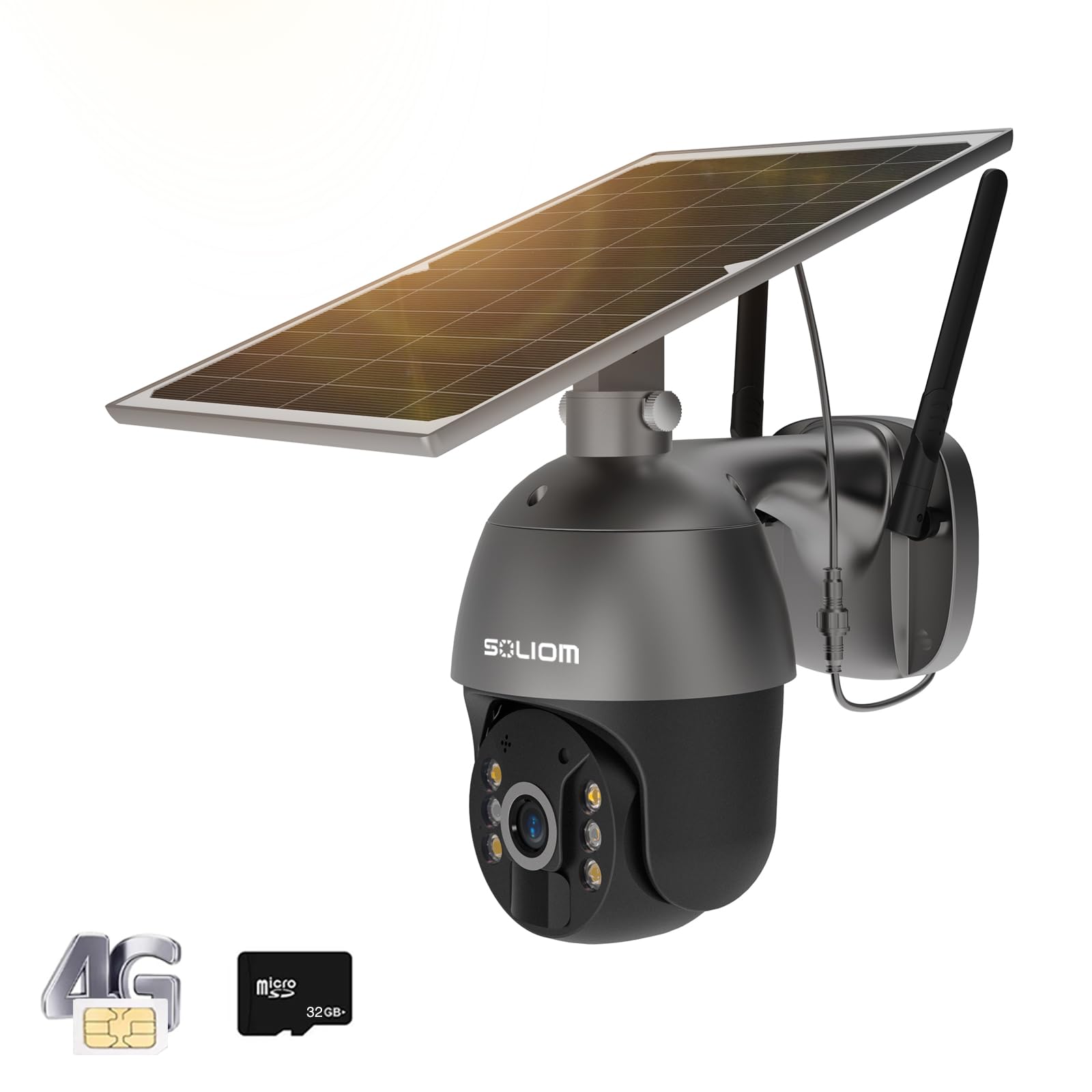 SOLIOM S600 3G/4G LTE Outdoor Solar Powered Cellular Security Camera Wireless,Pan Tilt 360View Spotlight,1080p Night Vision,2 Wa