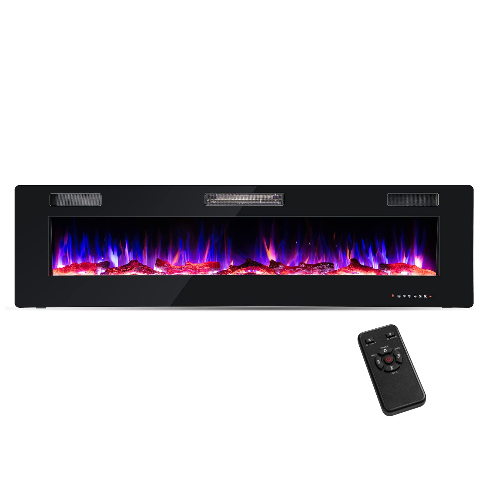 Costway 68 Inches Ultra Thin Electric Fireplace, 5100 Btu Recessed And Wall Mounted Fireplace Insert With Remote Control, Log And Decorative Crystals, Adjustable Flame Effect, Etl Certification