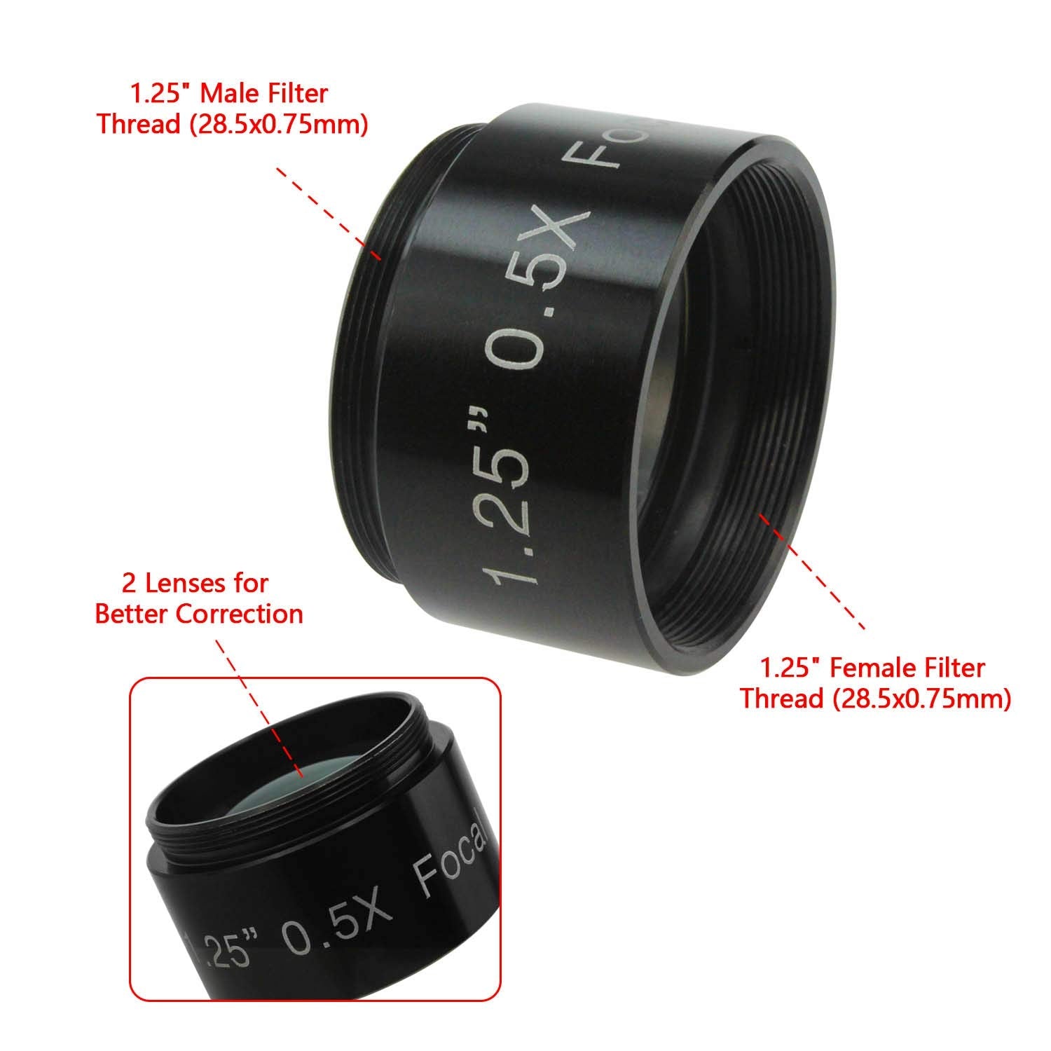 Astromania 0.5X Reducer For Photography And Observing   1.25'' Filter Thread (28.5X0.75Mm) On Both Sides   Reduces The Focal Len