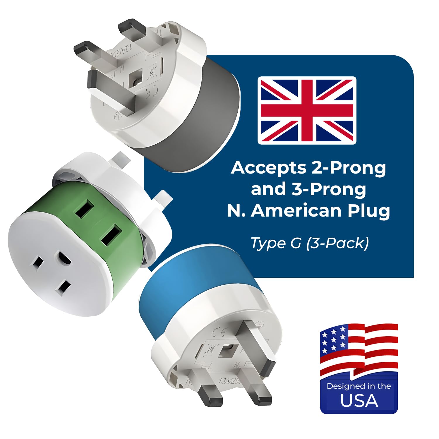Orei Uk, Ireland, Dubai Power Plug Adapter With 2 Usa Inputs   Travel 3 Pack   Type G (Us 7) Fuse Protected   Use With Cell Phon