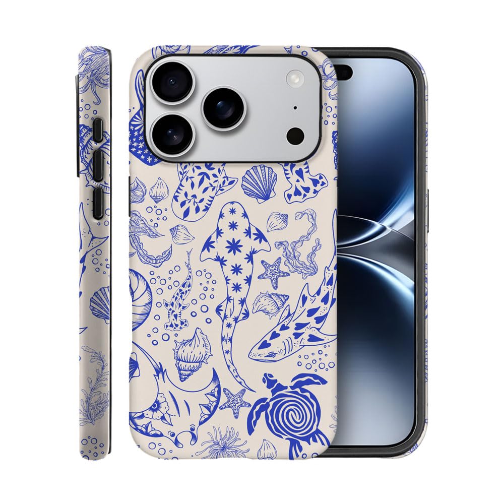 Case for iPhone 17 Pro,Fits Frosted Case Design for Girl Women,Sharks Turtles Shells Seaweed Blue