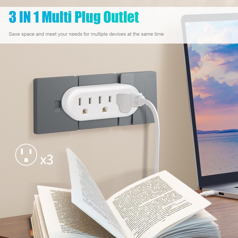 Extrastar 3 Outlet Extender, Spaced Outlet Spliter Grounded Plug Adapter, 3 Outlet Adapter With 3 Prong, Multi Plug Wall Outlet,