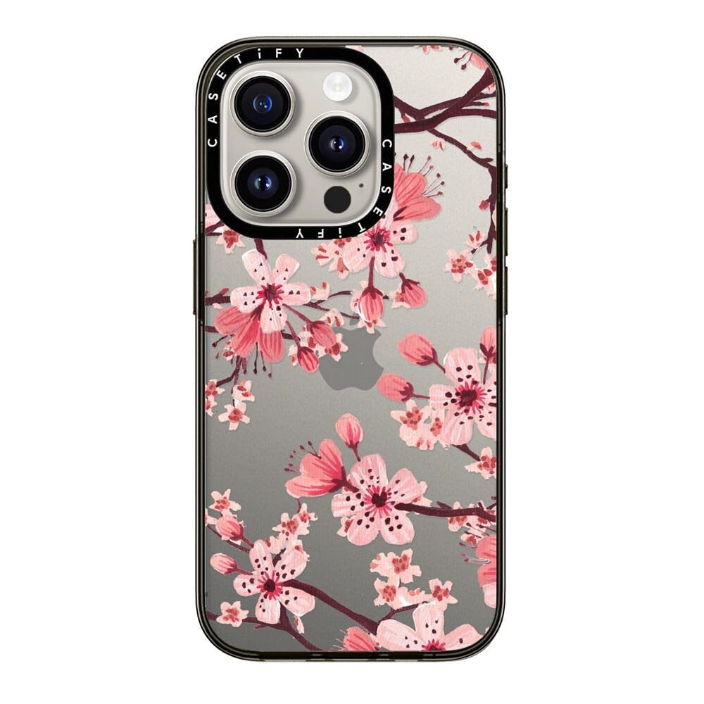 Casetify Compact Iphone 15 Pro Case [2X Military Grade Drop Tested / 4Ft Drop Protection]   Watercolor Blossom   Clear Black