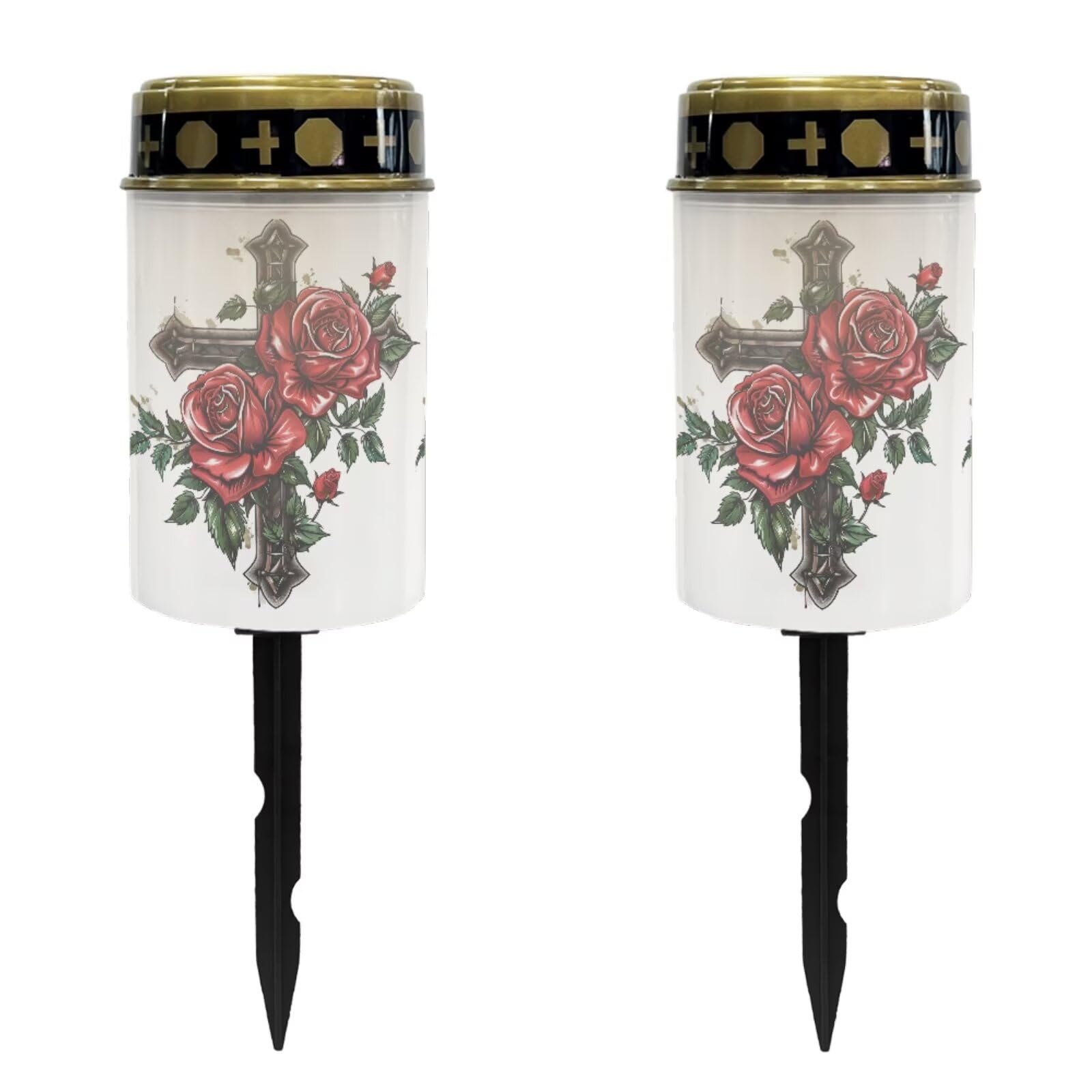 Luarisgur Cross and Rose Cemetery Solar Lights for Grave Decorative Graveside Solar Lights for Cemetery Waterproof Solar Pathway