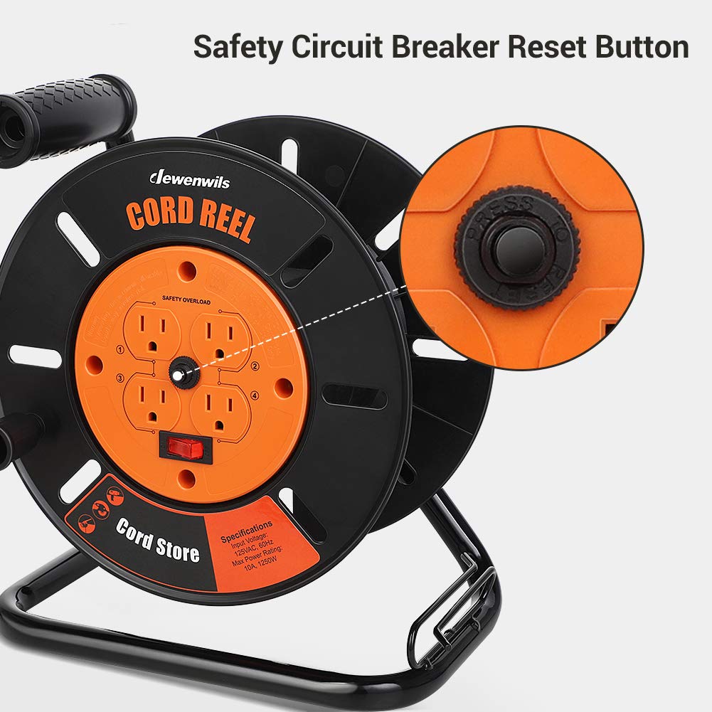Dewenwils Extension Cord Storage Reel With 4 Grounded Outlets, Heavy Duty Open Cord Reel For 12/3,14/3,16/3 Gauge Power Cord, Ha
