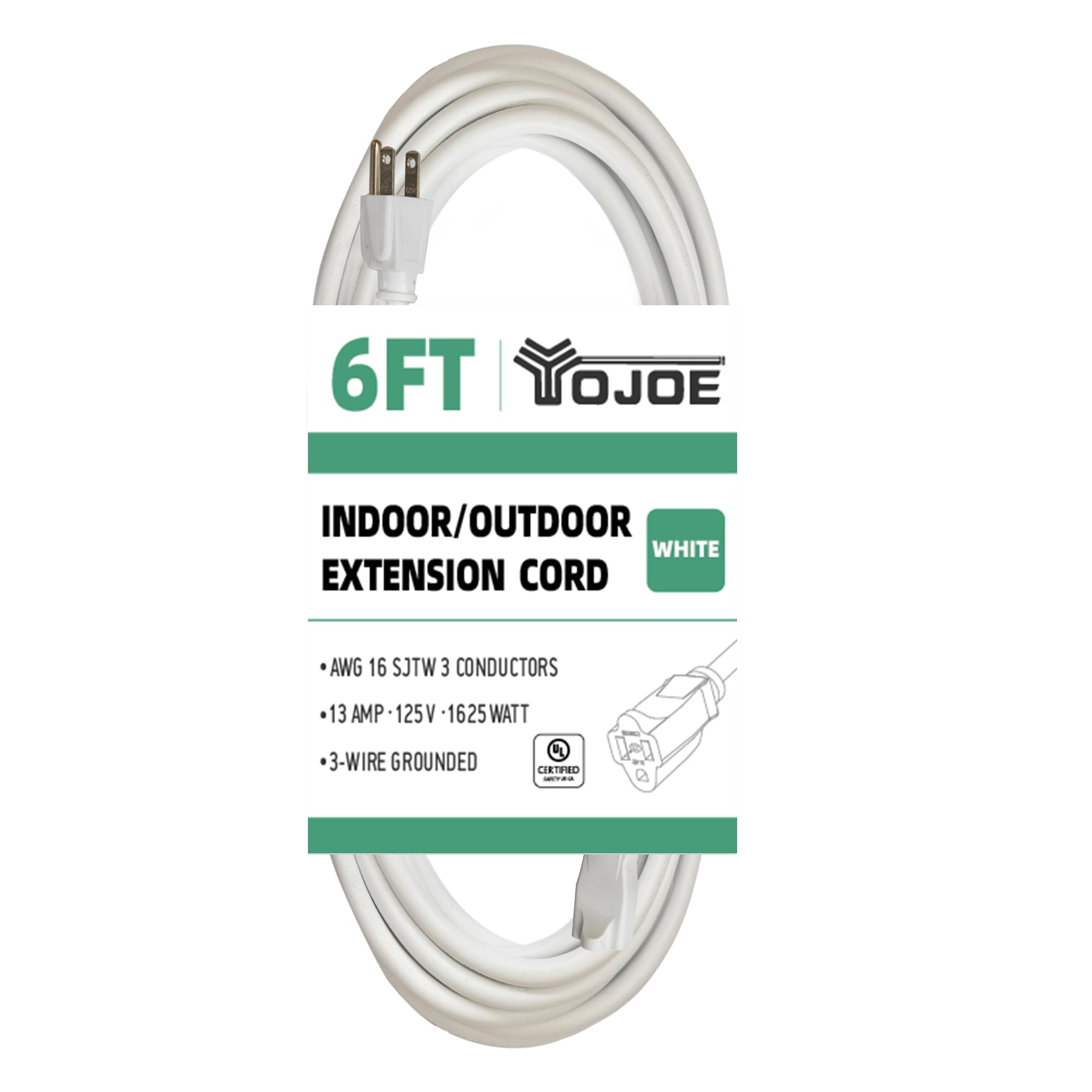 Yojoe Indoor Outdoor Extension Cord, 3 Prong 13A Weatherproof Power Extension Cord, 16 Gauge Heavy Duty 6 Ft White Extension Cor