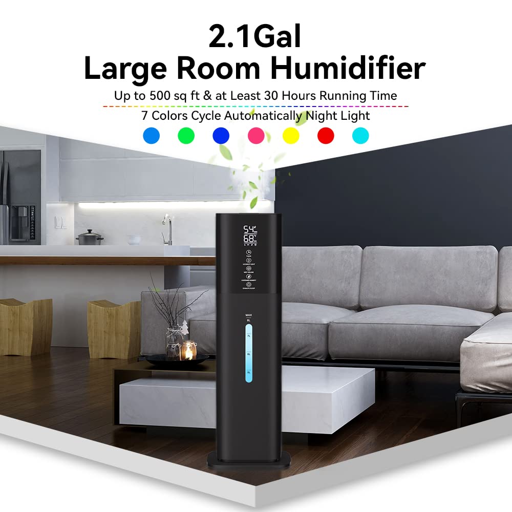 Humidifiers Large Room Bedroom With 7 Colors Light, 2.1Gal(8L) 3 Speed Quiet Ultrasonic Cool Mist Humidifier With 360 Nozzle, Hu